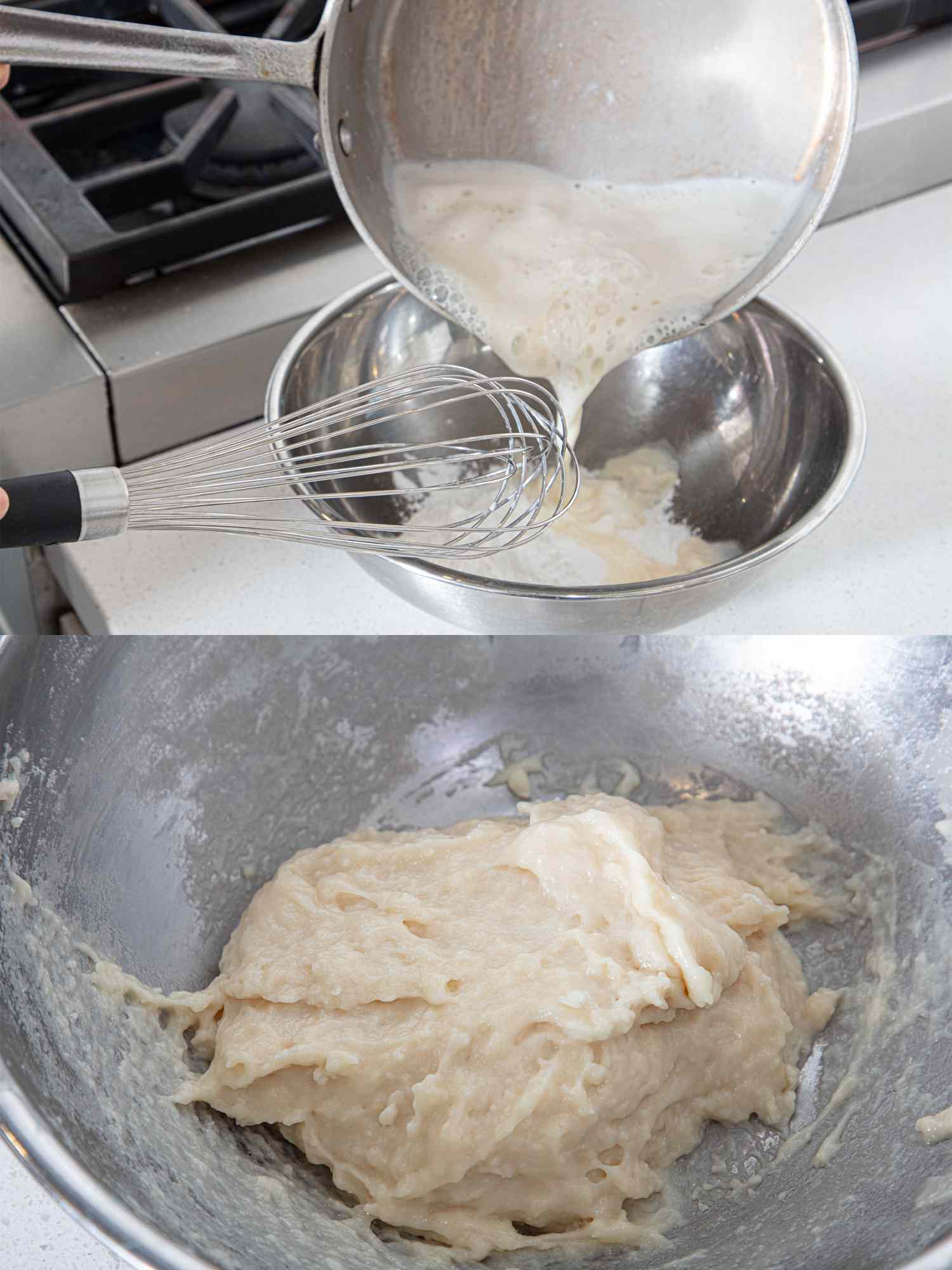 Two image collage of pouring milk into flour and mixing