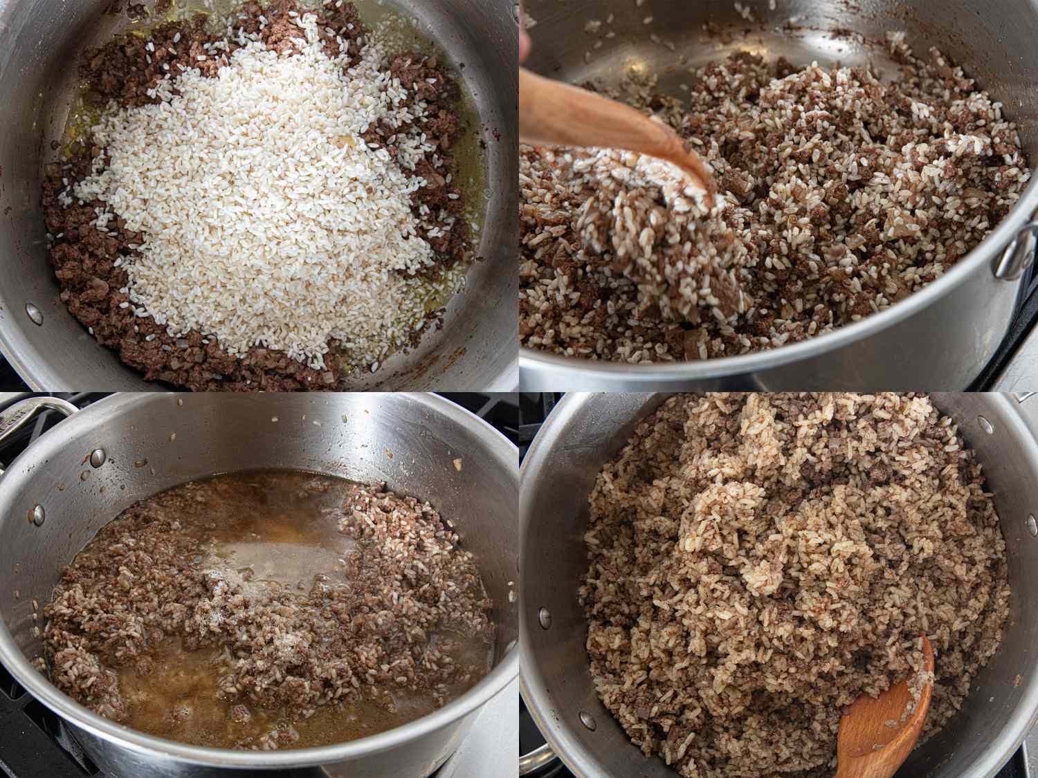 Fourstep process of preparing rice and ground meat in a stovetop pot