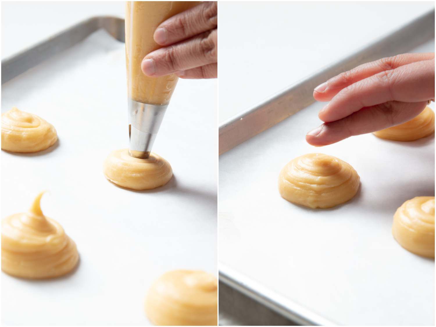 A two image collage. The left image shows choux batter being piped on parchment paper. The right shows a finger patting down a choux. 