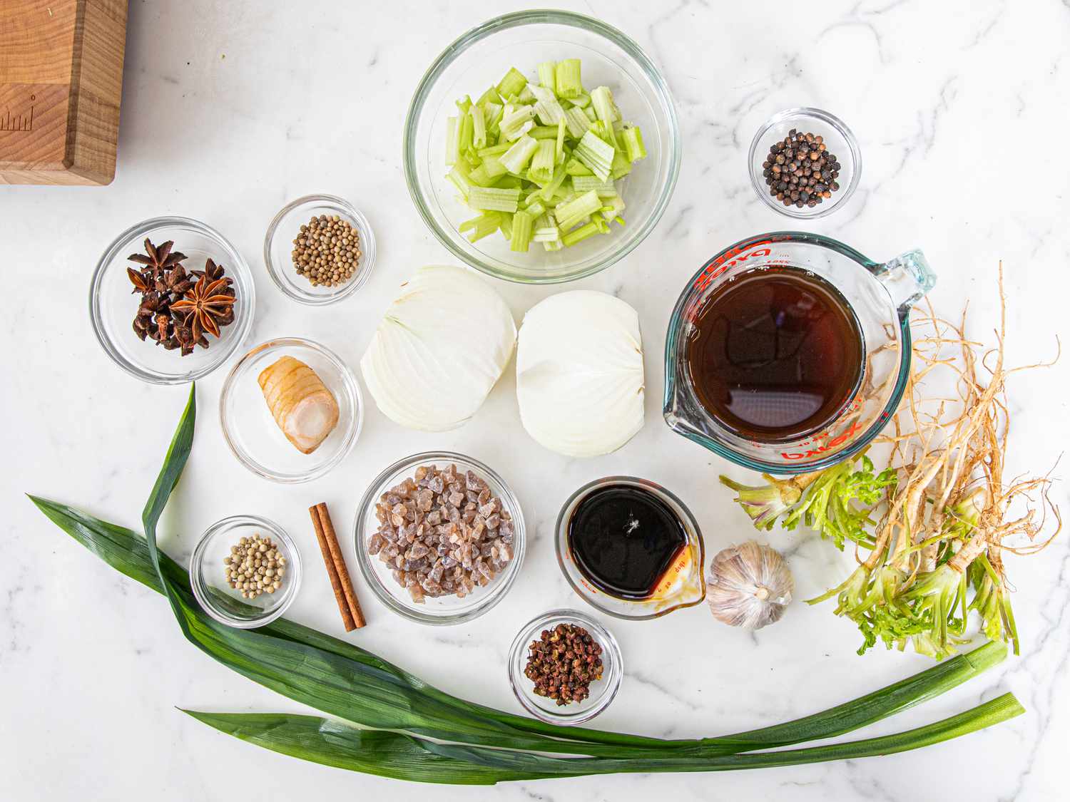 Overhead view of broth ingredients