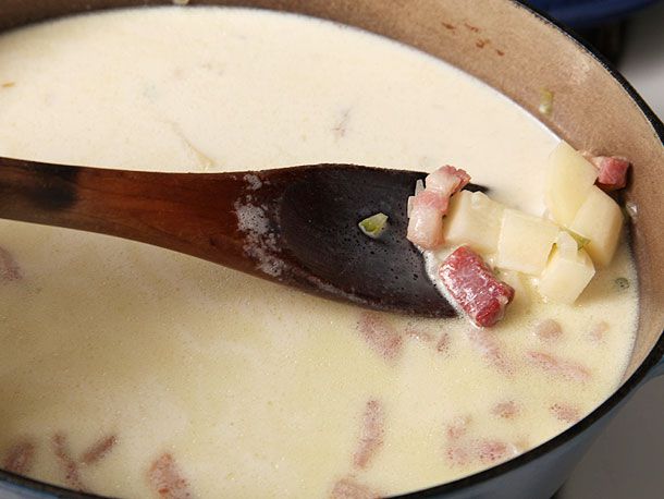 Diced potatoes and salt pork simmered with milk for chowder
