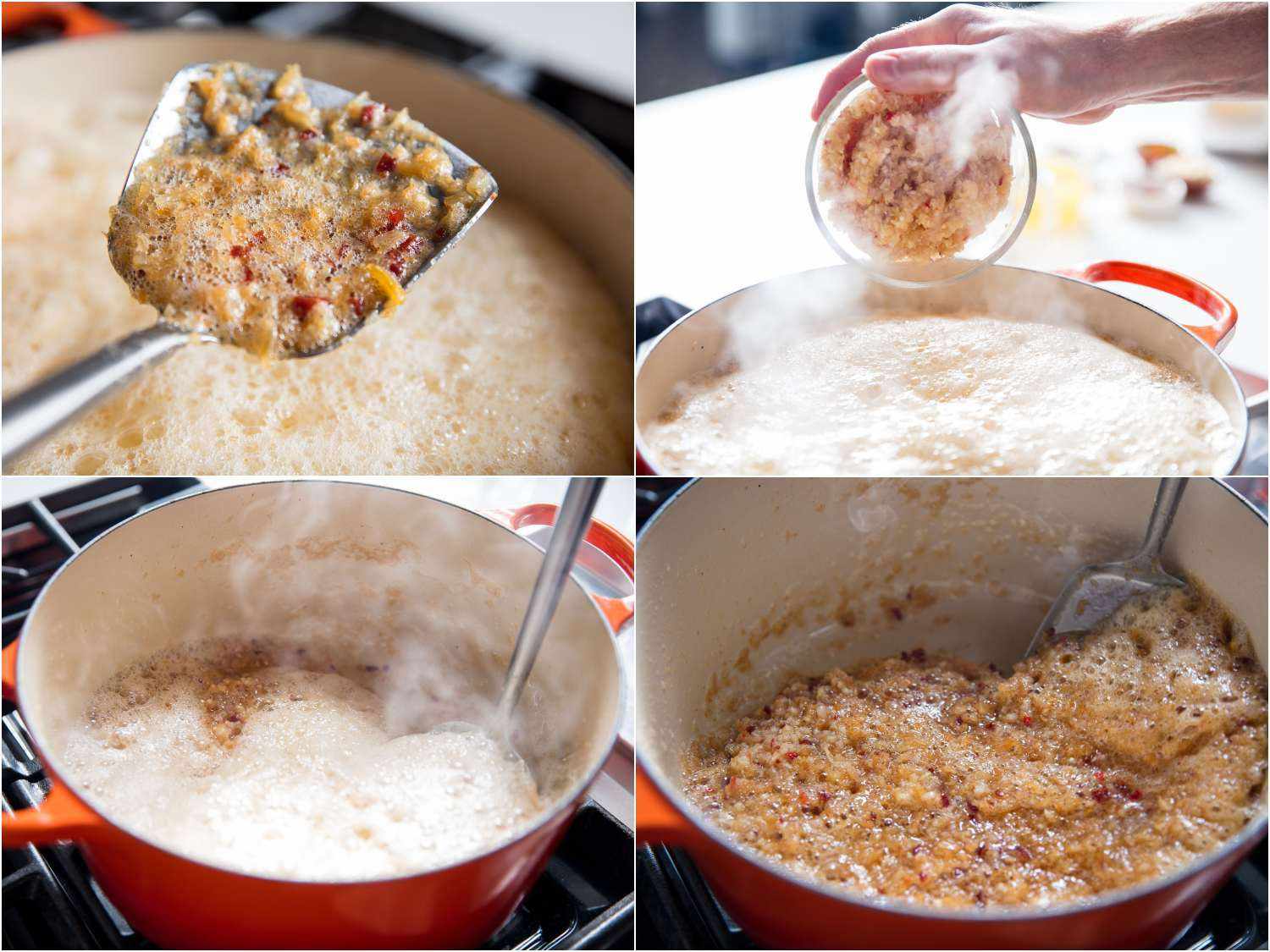 4-image collage showing crisping shrimp and scallops in hot oil for XO, then adding aromatics to the pot.