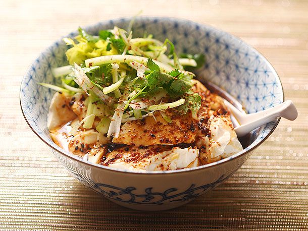 Spicy Warm Silken Tofu with Celery and Cilantro Salad
