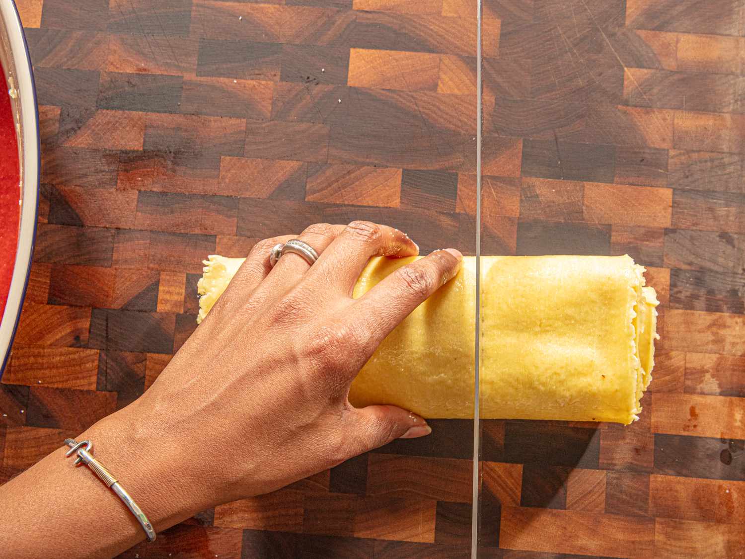 Overhead view of cutting into rolls