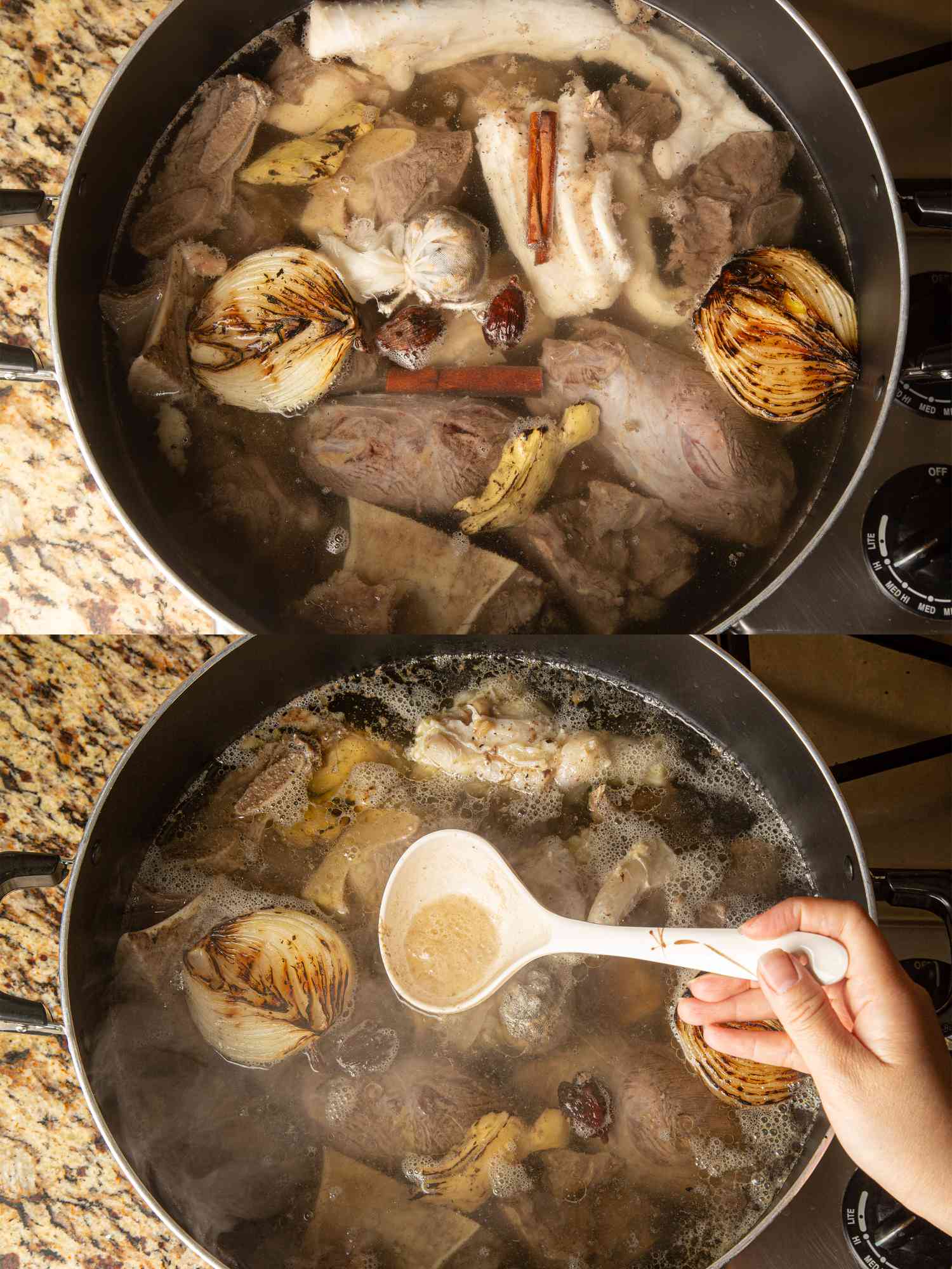 Overhead view of onions and spices added to pot and skimming off releases impurities 