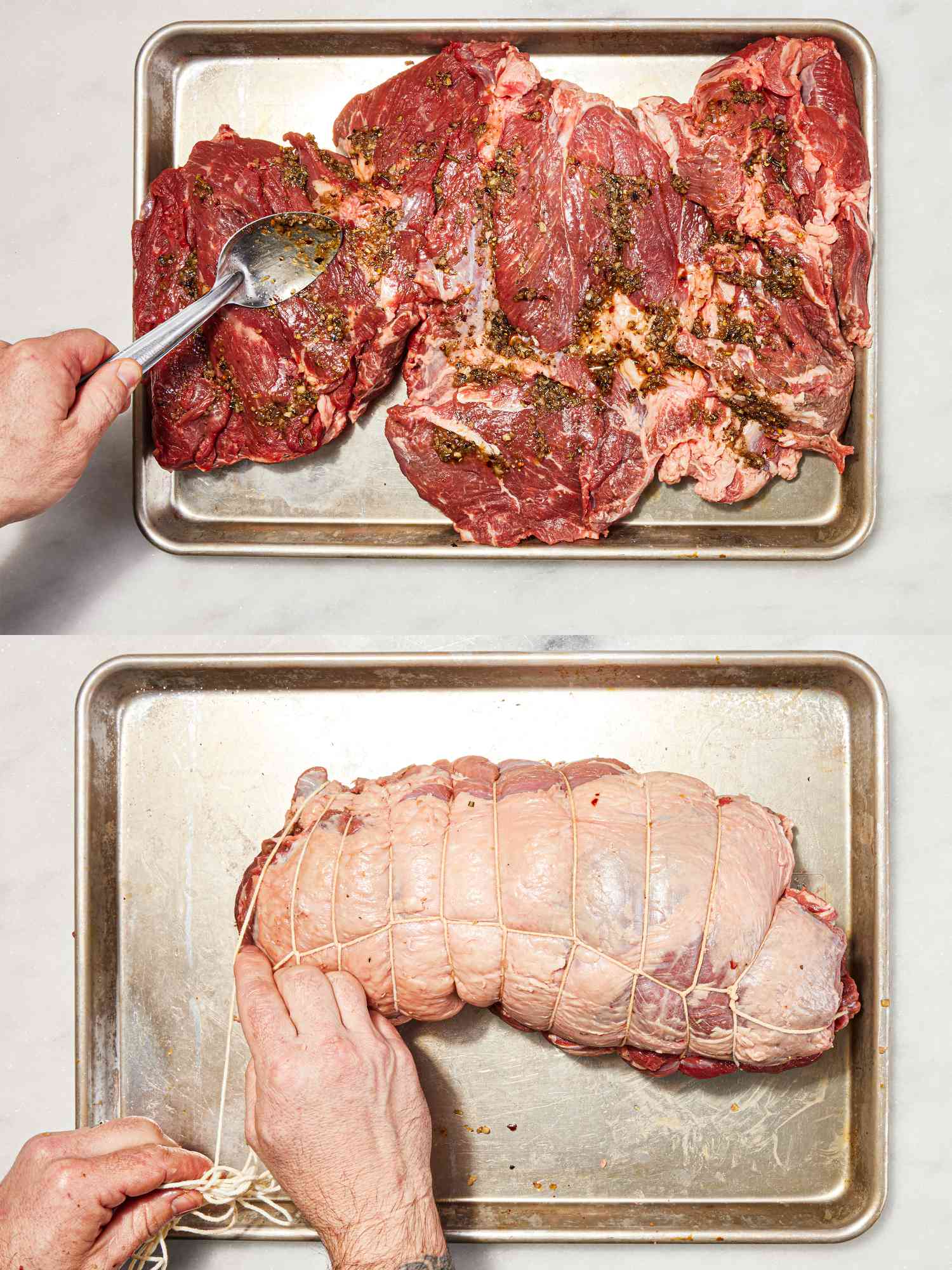 Two image collage of spreading spice mixture and wrapping lamb