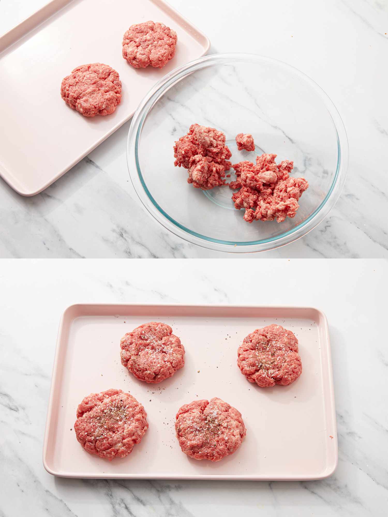 Ground beef patties being formed and arranged on trays from a bowl of raw beef