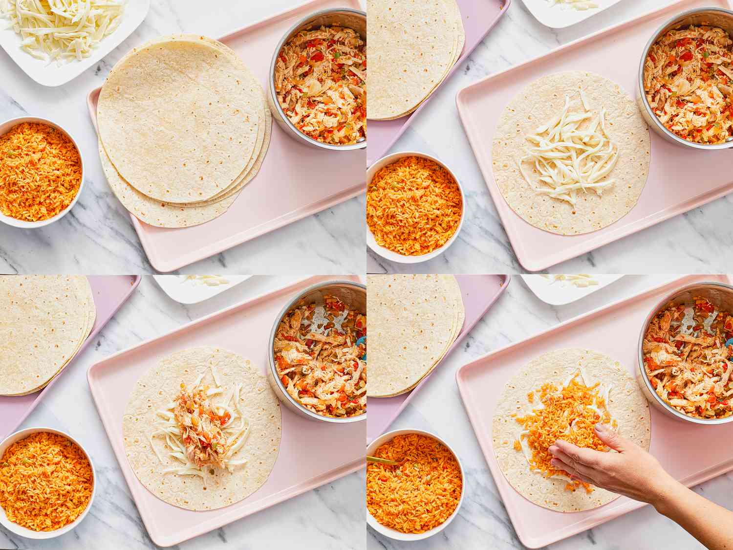 Four image collage of filling a tortilla with cheese, chicken and rice