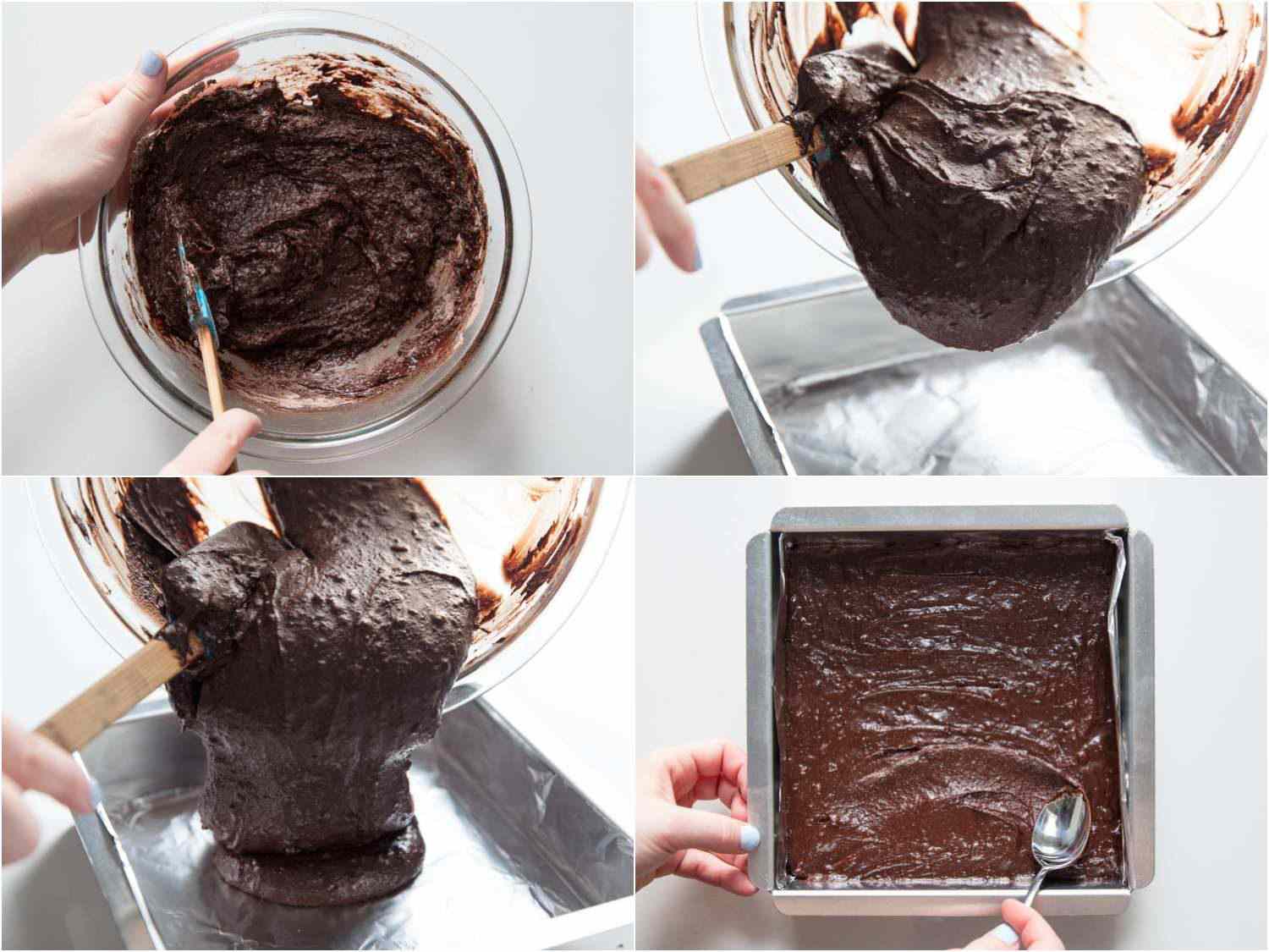 Stages of mixing and pouring brownie batter into prepared pan: mixing the batter, transferring the batter to the pan, and smoothing the top with a spoon. 