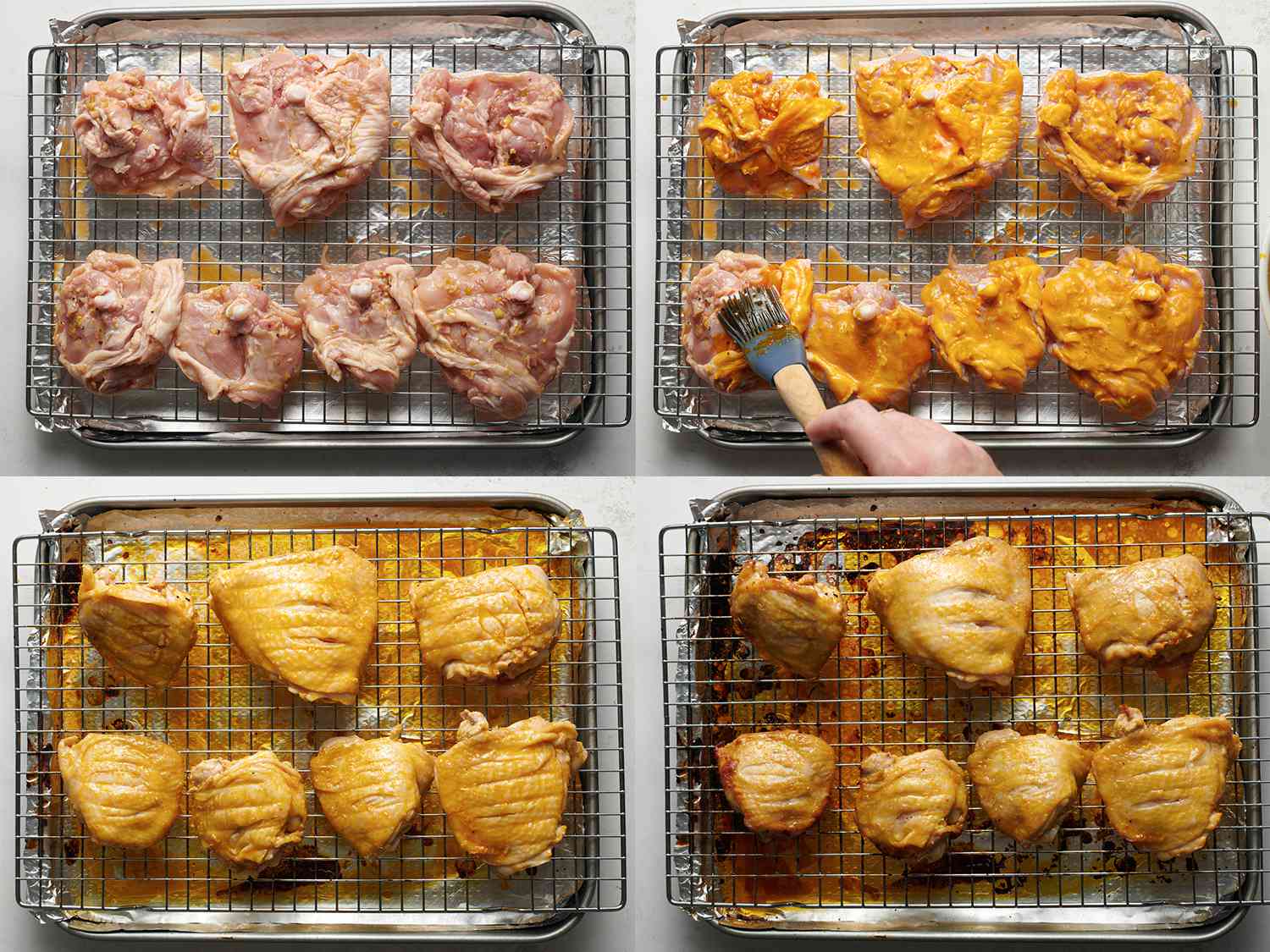 Four Image Collage. Top Left: 7 pieces of chicken on a wire rack over a baking sheet. Top Right: Brushing chicken with anatto oil. Bottom Left: Chicken removed from the oven. Bottom Right: Finished chicken resting on a wire rack over a backing sheet. 