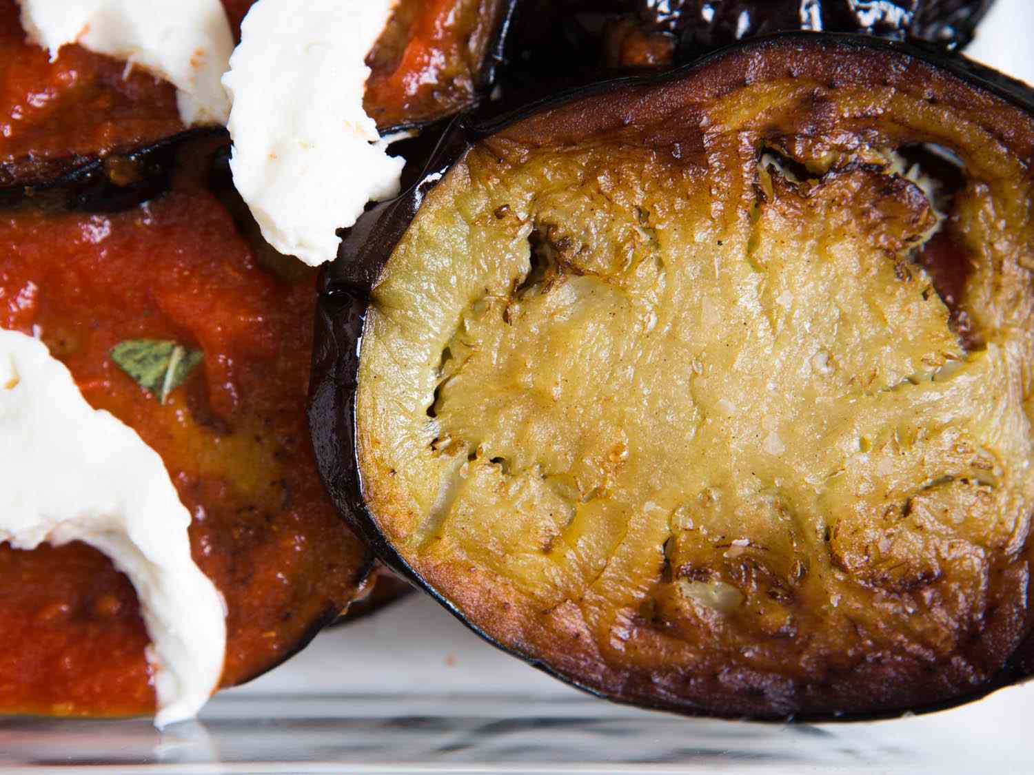 Close up of a crispy fried egg plant slice. 