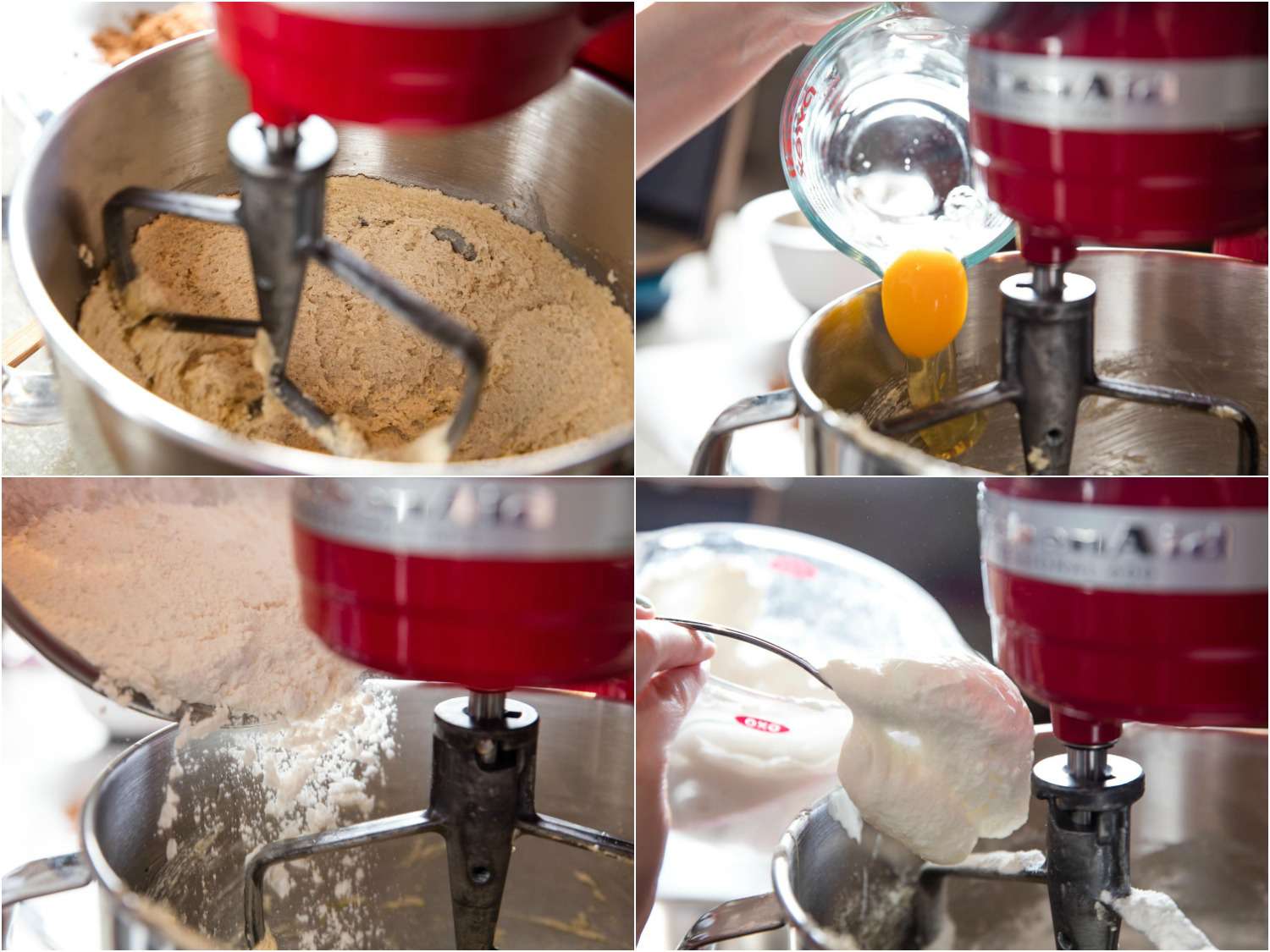 A four-image collage illustrating stages of mixing coffee cake batter in stand mixer: creaming butter, adding eggs, flour, and Greek yogurt. 