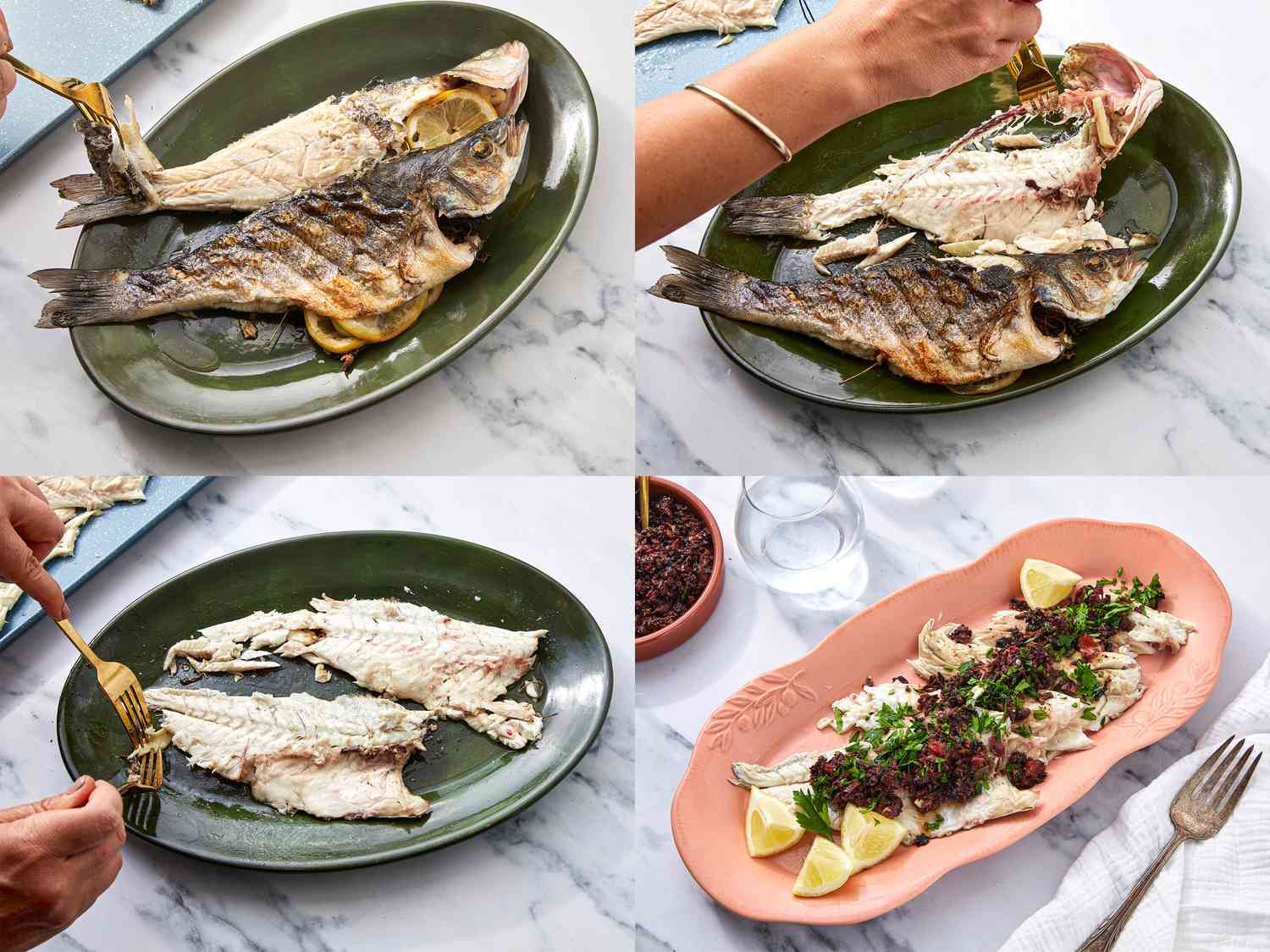 Steps for preparing a whole grilled fish, including deboning and garnishing, presented in a collage