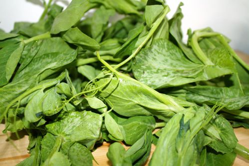 A pile of snow pea leaves resting on a cutting board 
