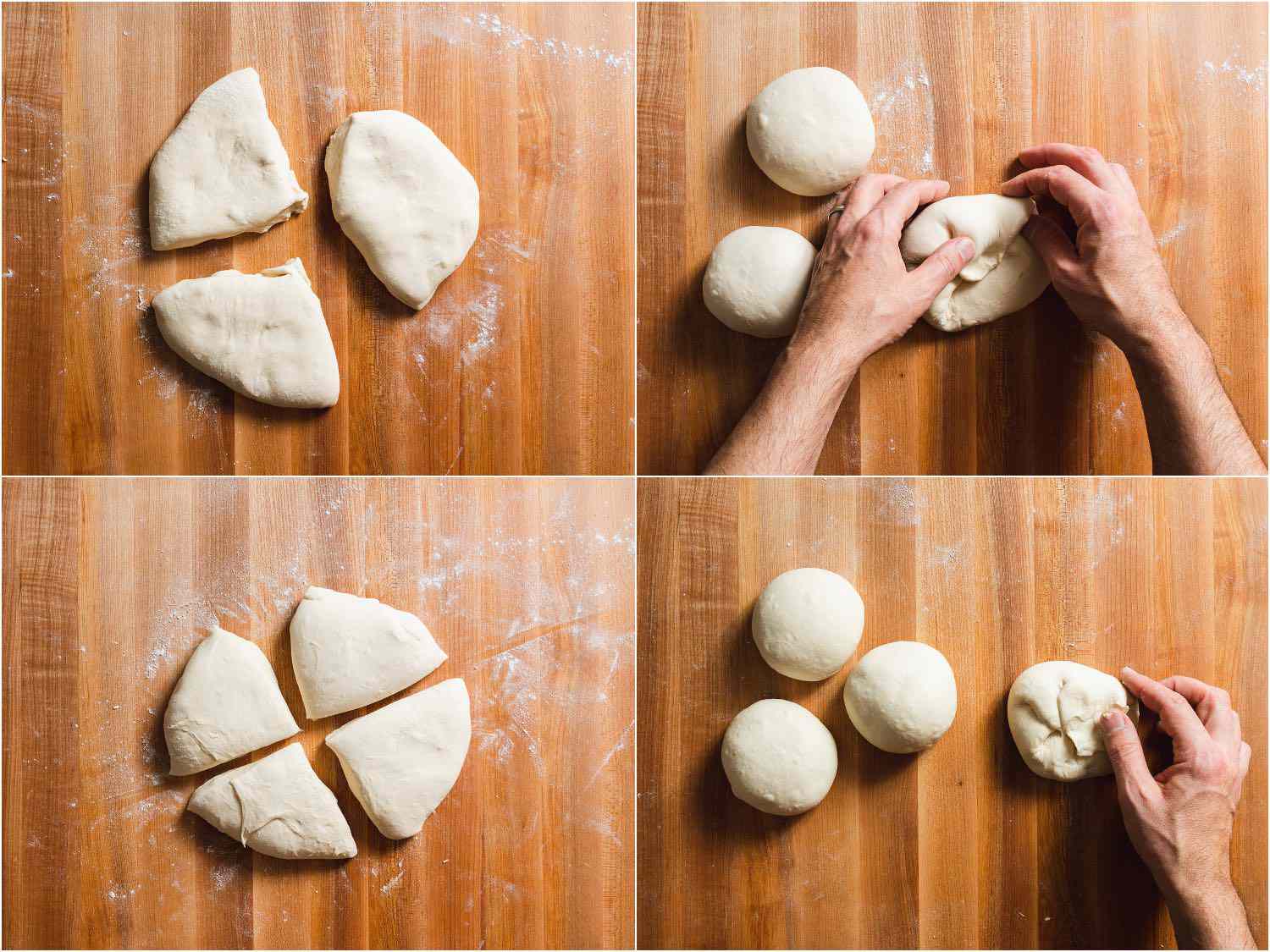Collage showing shaping of pizza dough into either three or four equally sized balls