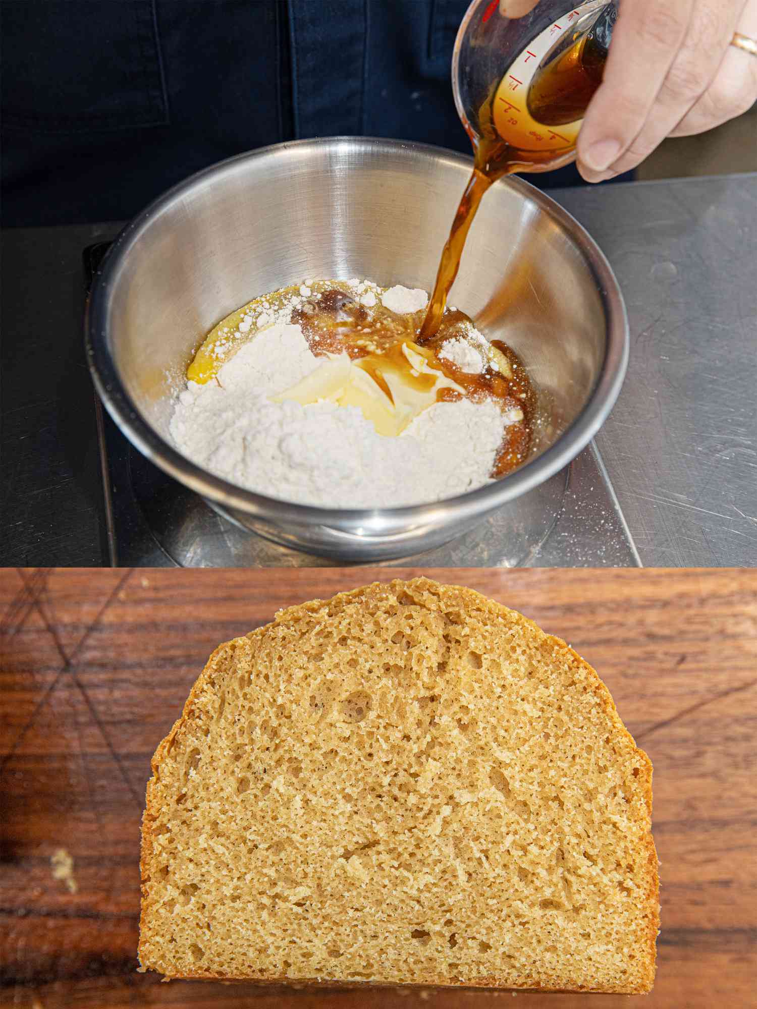 Two image collage of before and after adding coffee to cake batter