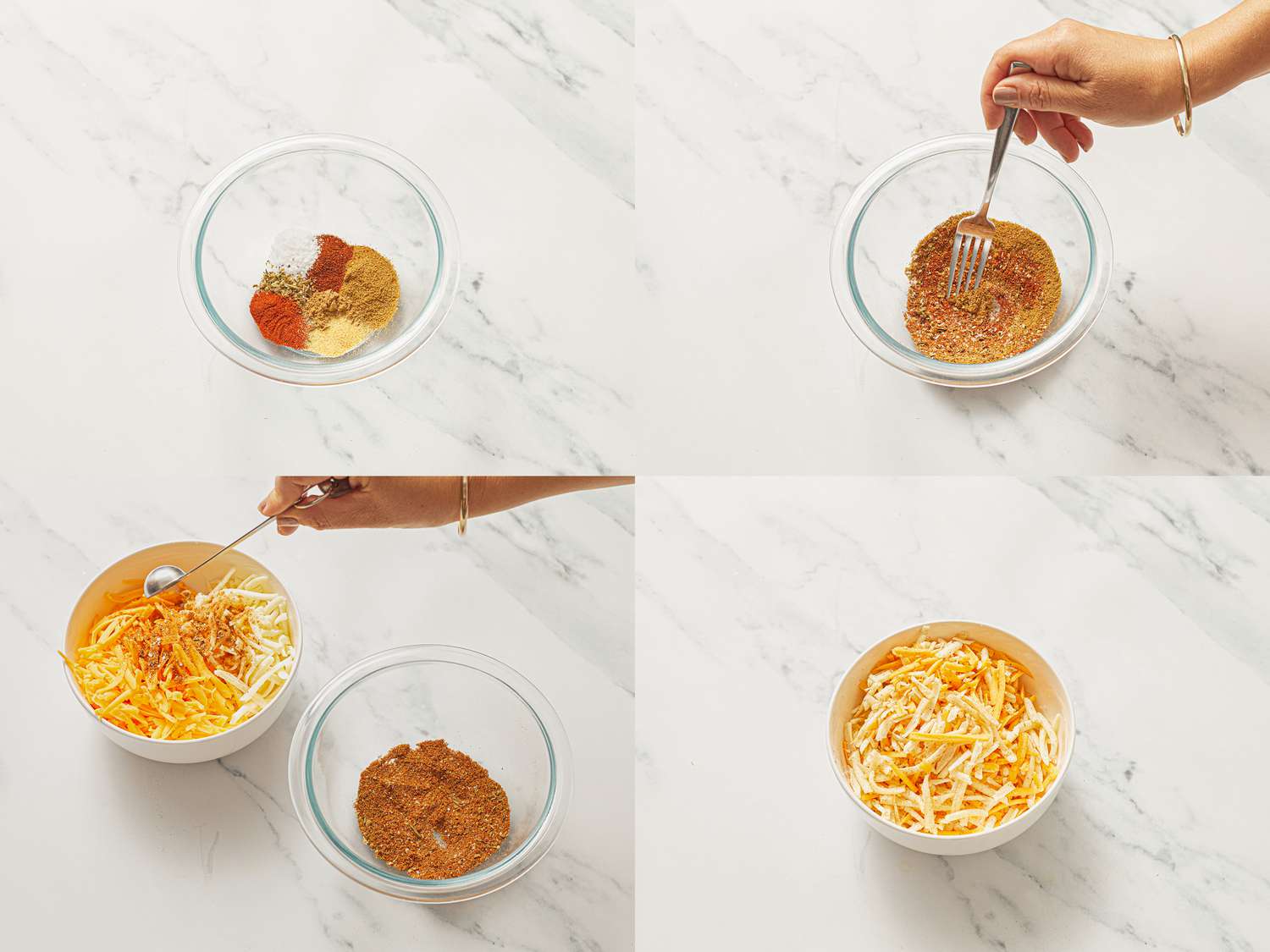 Mixing taco seasoning, cheese, and spices in a bowl in four steps, demonstrating a recipe preparation process.