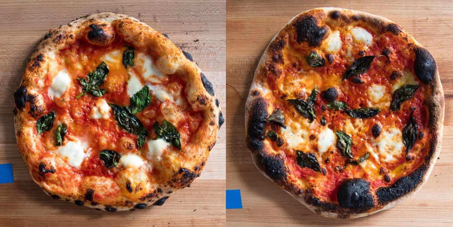 Comparison of a pizza baked in the Breville oven (on the left), and a pizza baked in a conventional oven (on the right).