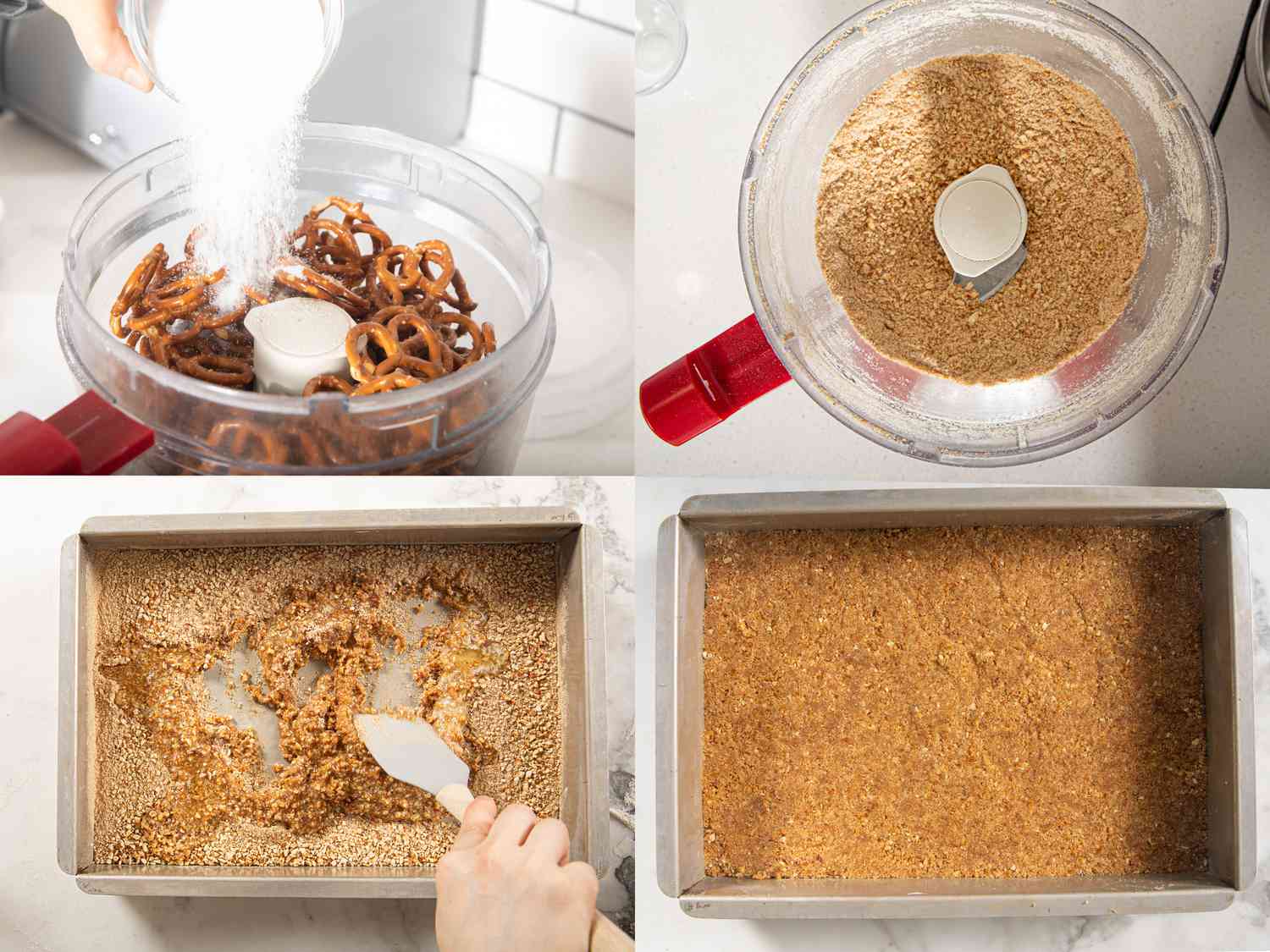 Four image collage of making the pretzel crust