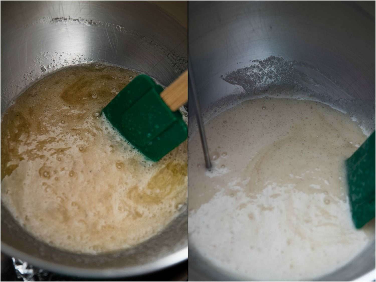 A collage: The dark, translucent appearance of an uncooked syrup of egg white and sugar, compared to its light, opaque appearance after cooking.