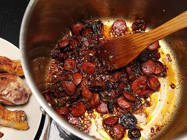 Toasting aromatics in oil with chorizo in a stock pot.