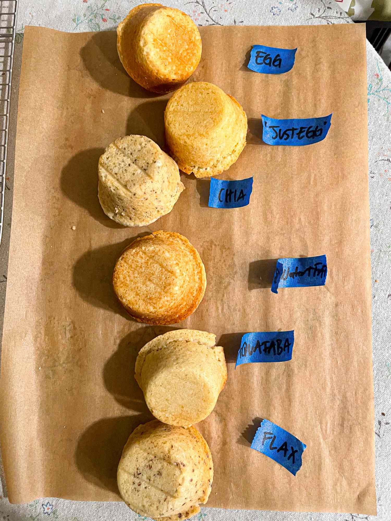 Labeled baked goods for testing egg substitutes