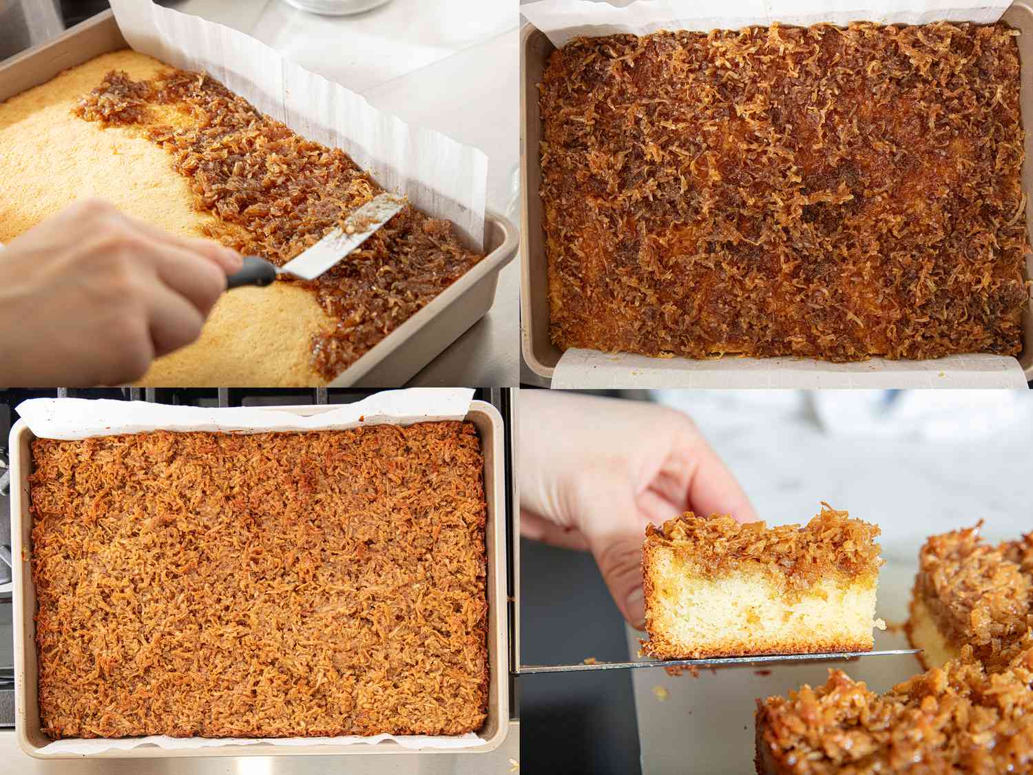 Steps of making a Lazy Daisy cake, including spreading topping and baked results