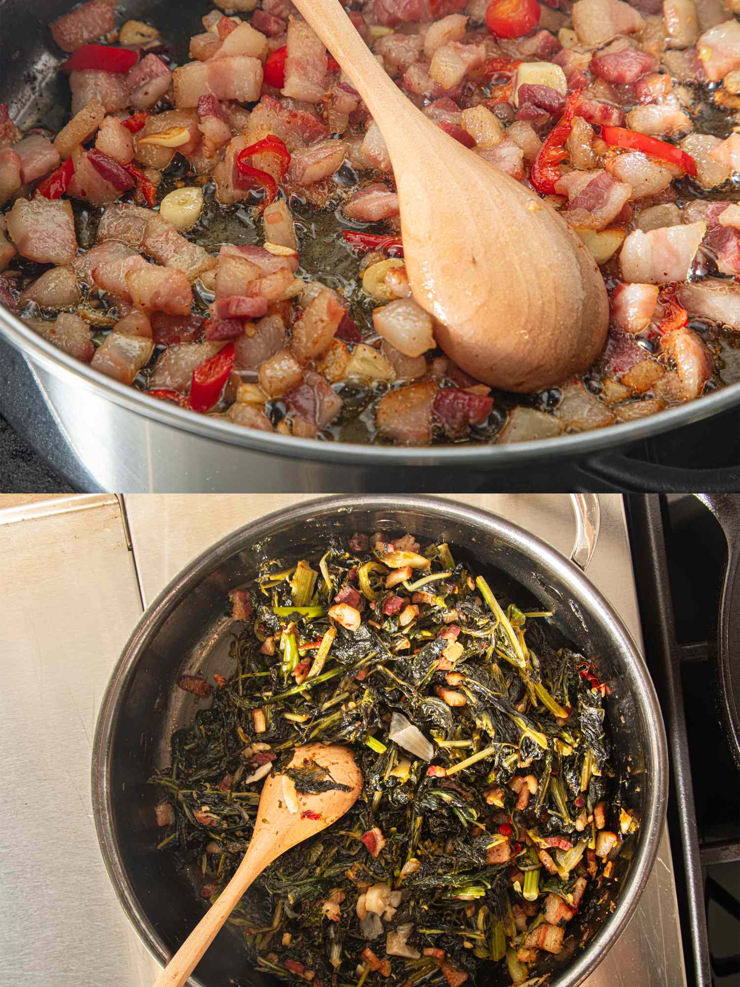 Ingredients for Italian wedding soup being cooked in a saucepan top view of ingredients sauteing and mixed greens cooking