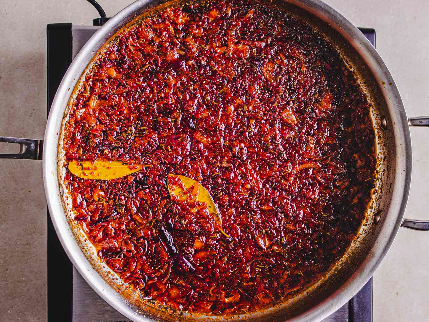 Overhead view of stew after losing it's bright red color 