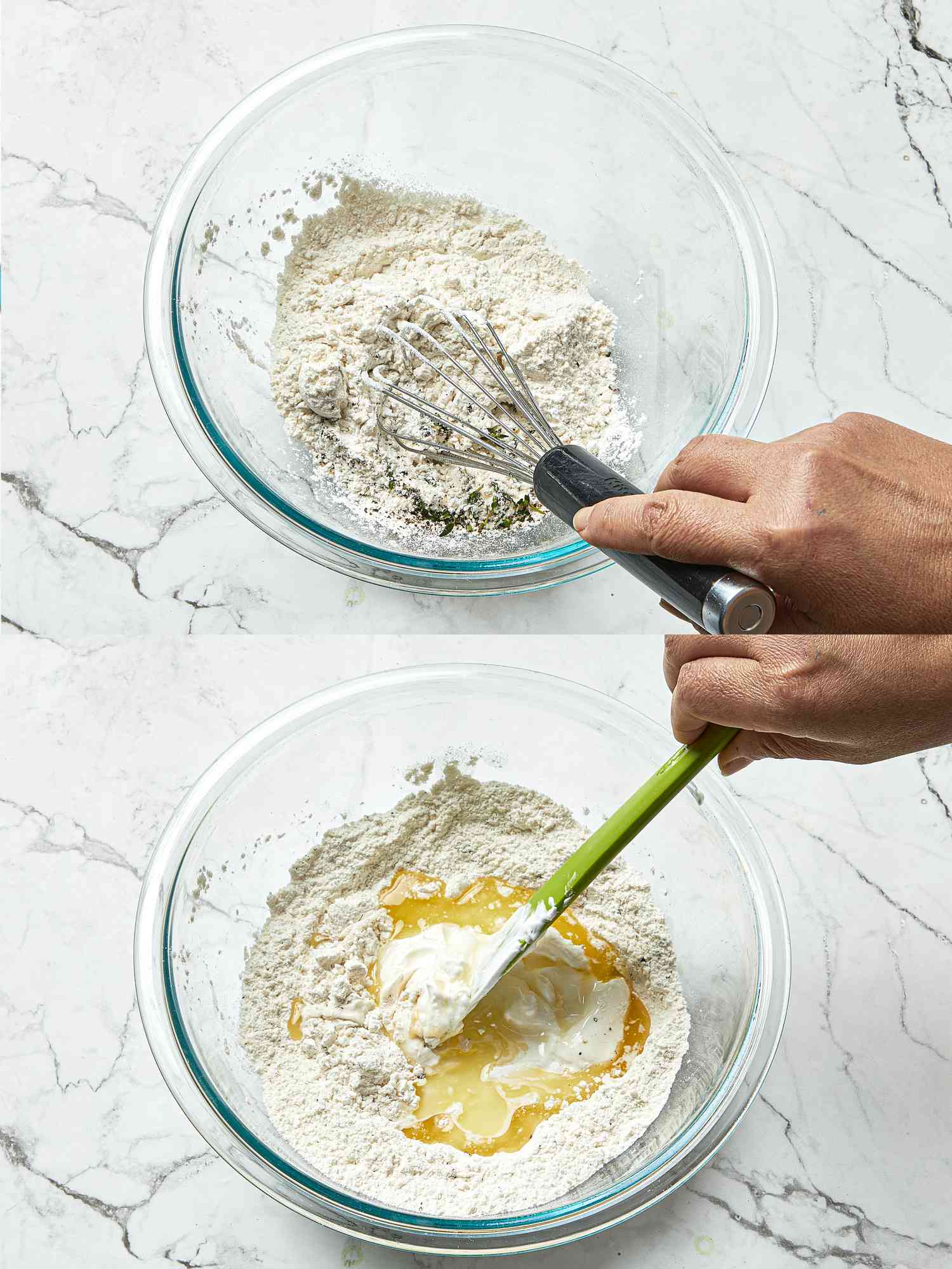 2 image collage. Top: whisked together the flour, baking powder, salt, baking soda, pepper, and thyme in a medium bowl. Bottom: added sour cream and butter to mixture in bowl