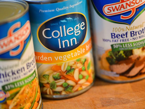 Cans of low-sodium chicken, vegetable, and beef broth.
