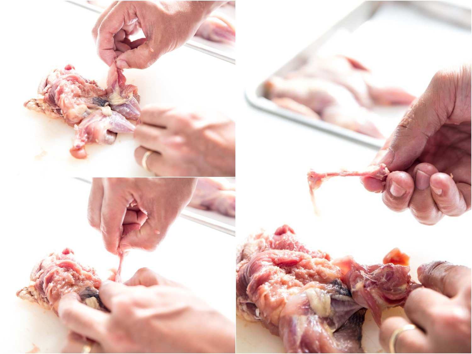Collage of removing quail thigh bones as part of the deboning process.