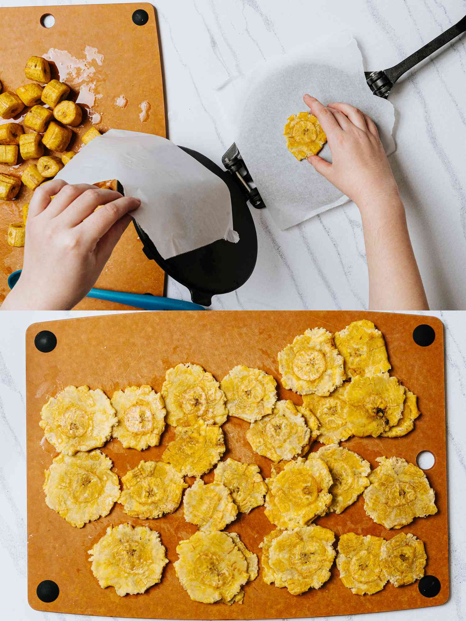 Two image collage of smashing fried plantains and smashed plantains on a cutting board