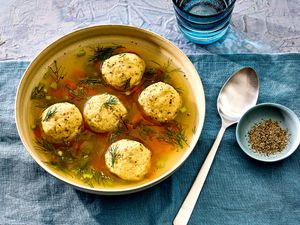 Overhead view of matzo ball soup