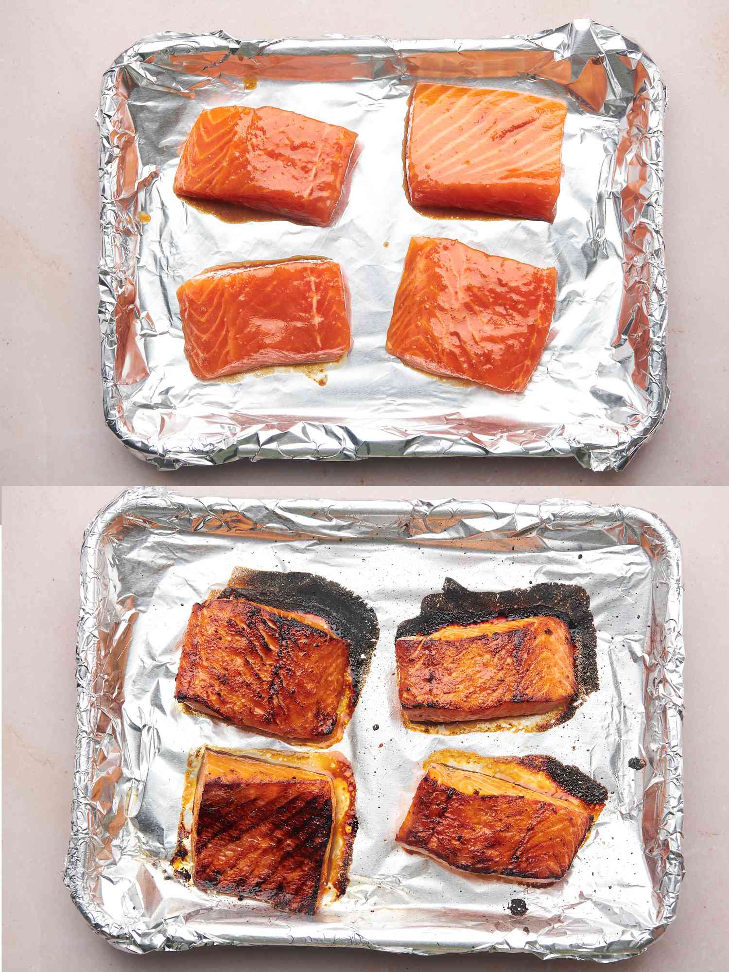 Salmon placed on aluminum foil-lined broiler pan or quarter sheet pan