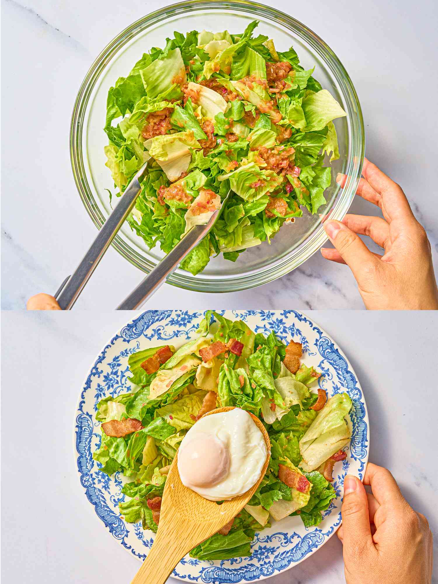 2 Image Collage. Top: Tossing warm vinaigrette into bowl of frisee. Bottom: Poached egg placed on top of Salade Lyonnaise an old fashioned blue and white plate, on a white surface 
