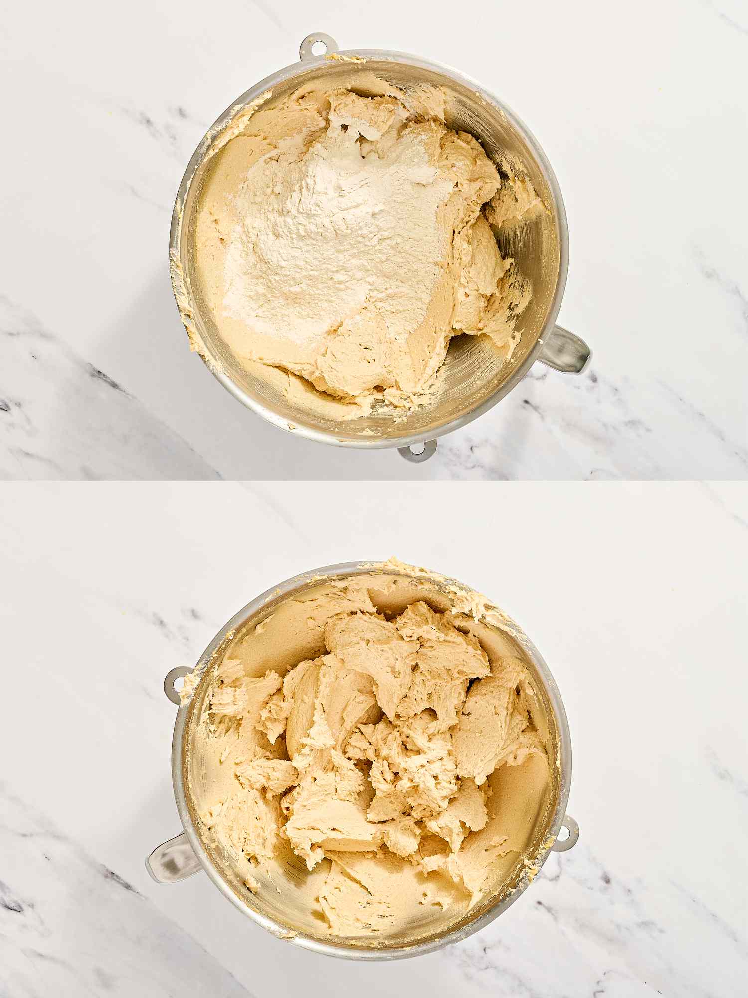 Top and bottom view of batter in a mixing bowl, showing the change in texture after mixing