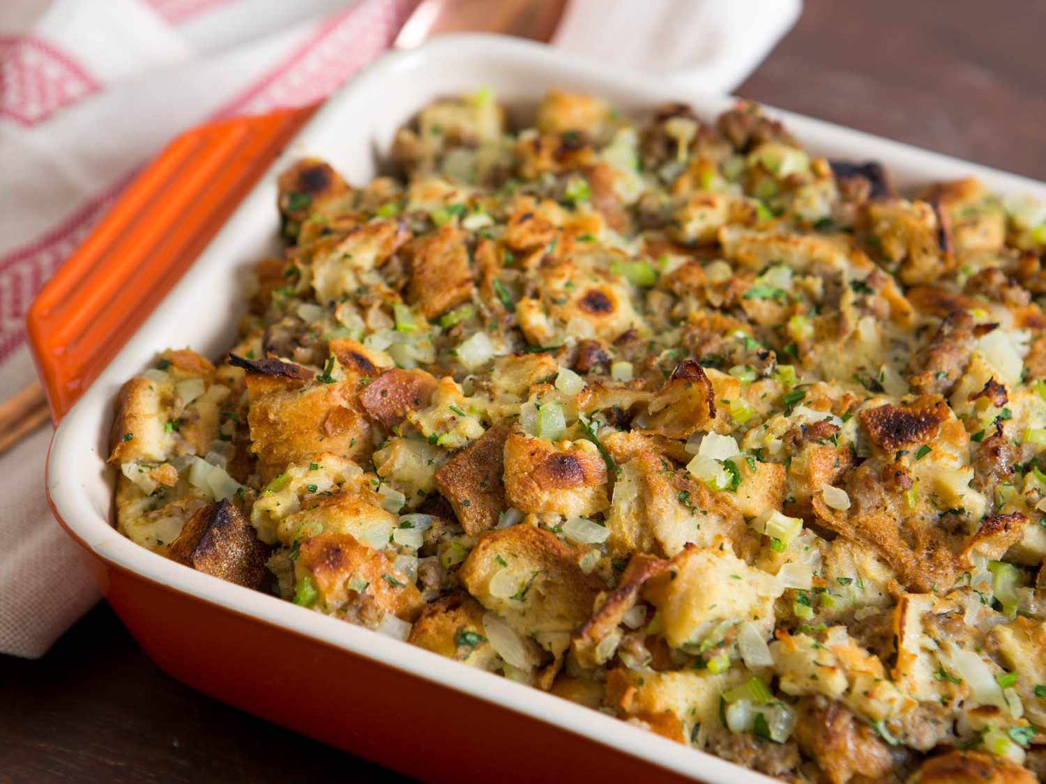 Stuffing in baking dish.