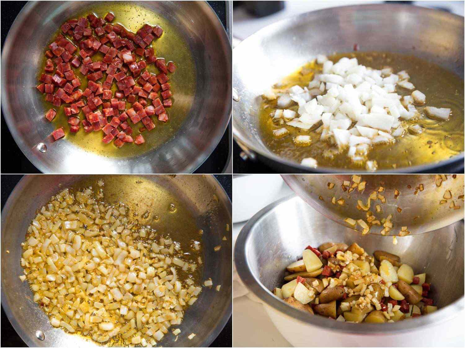 Cooking chorizo and onion in olive oil, then tossing with boiled potatoes in a series of four pictures.