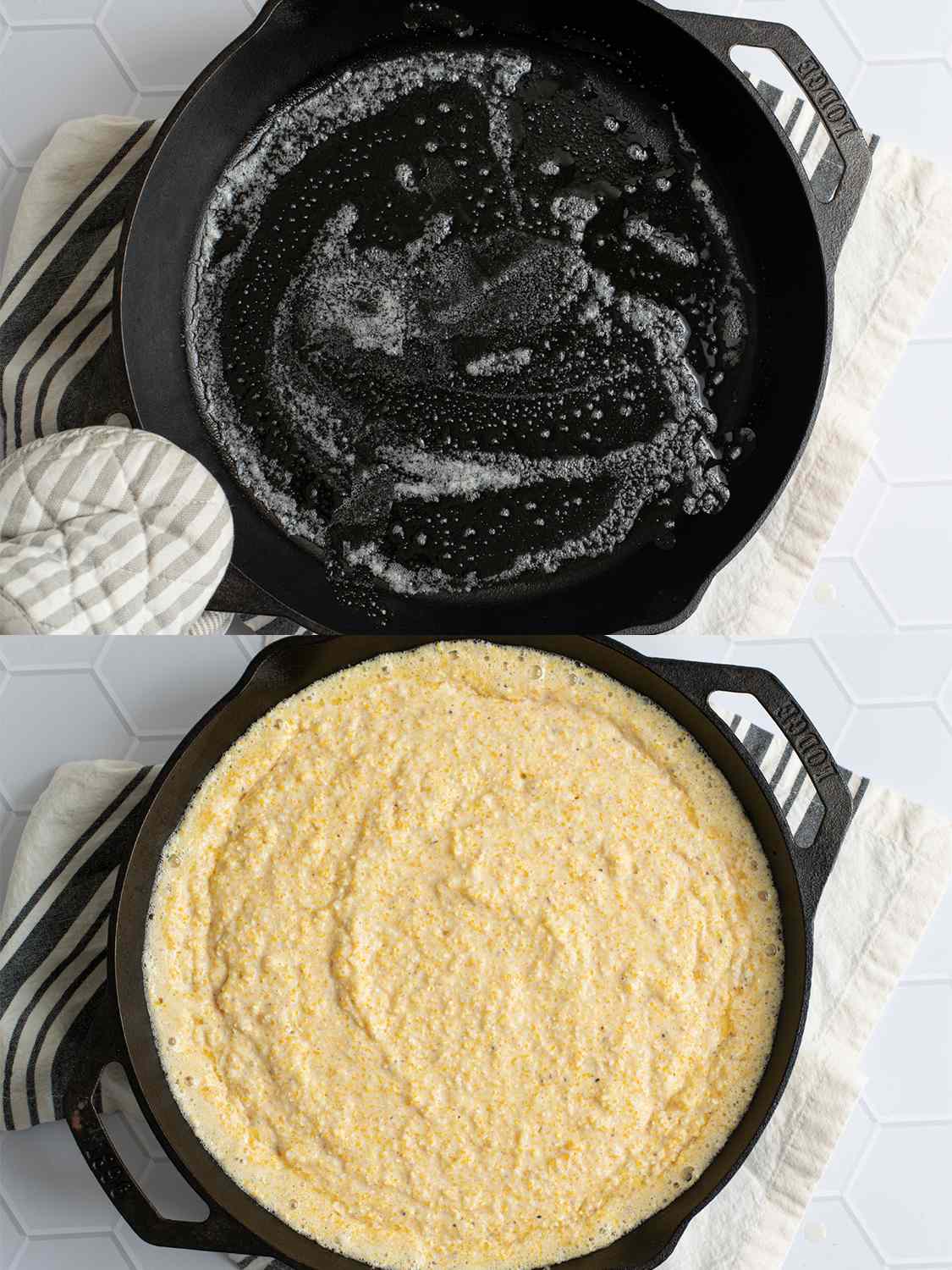 A two-image collage. The top image shows the heated cast iron pan with melted butter swirled around inside of it. The pan is on top of a dish cloth.