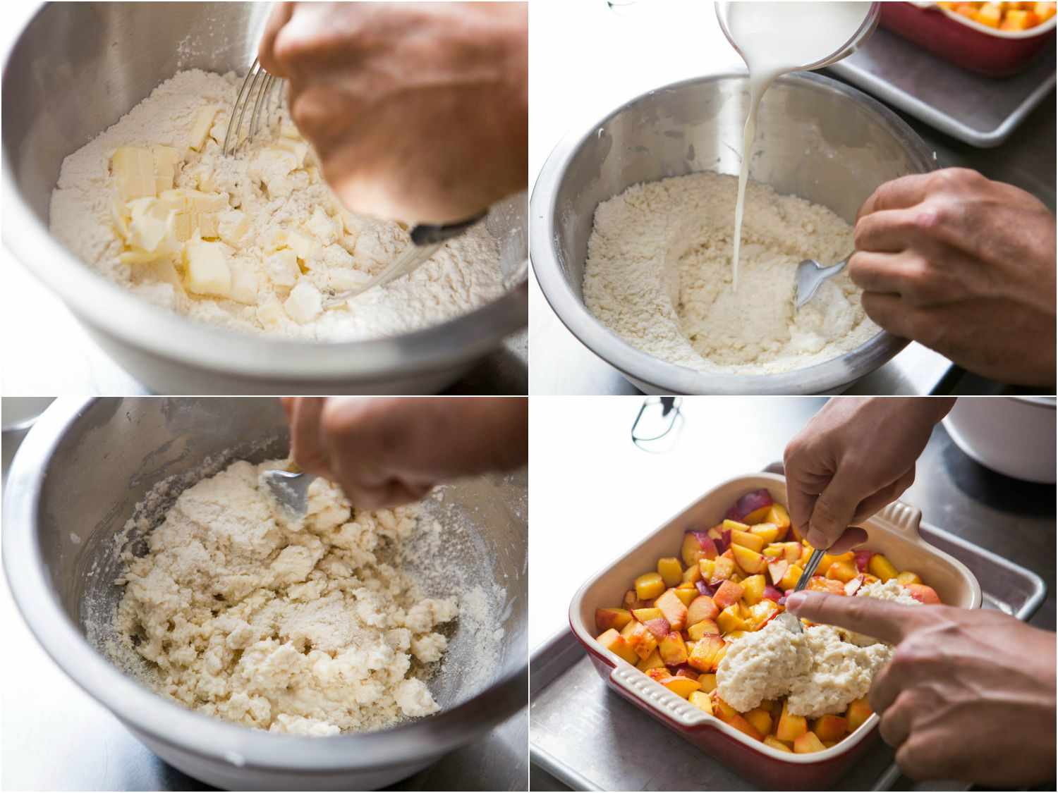 A collage of photos showing cutting in butter and adding milk for quick drop biscuits, then spreading biscuit topping over diced peaches.