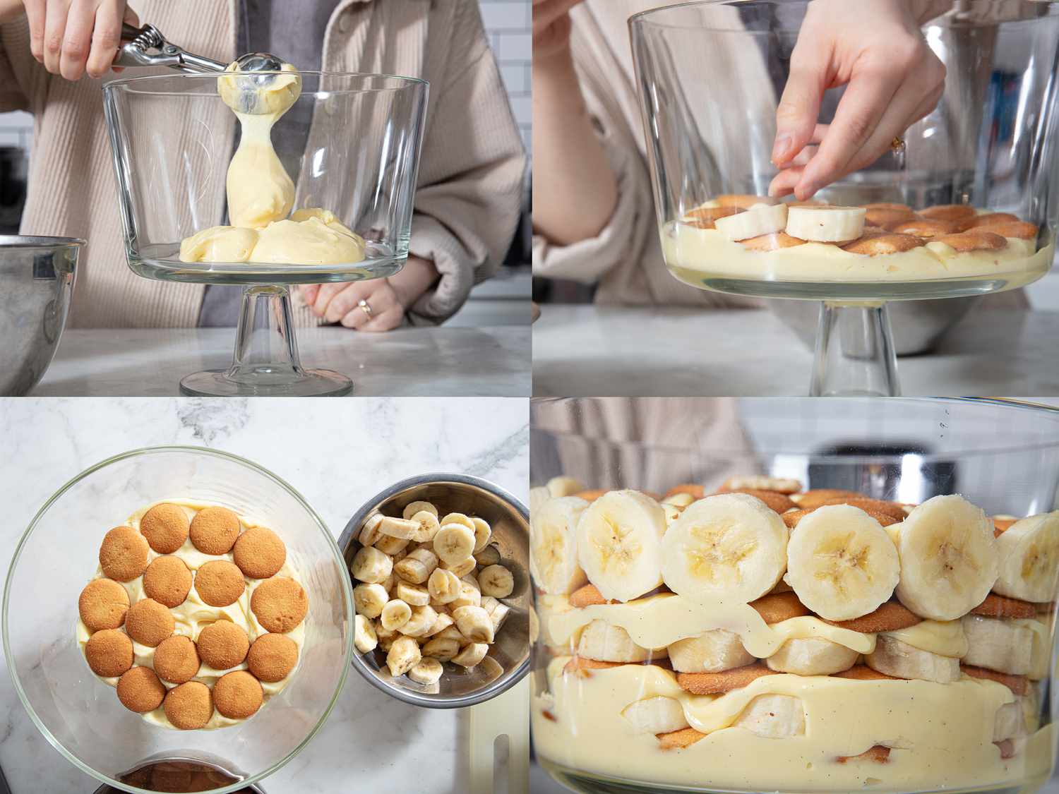 Four image collage of assembling banana pudding