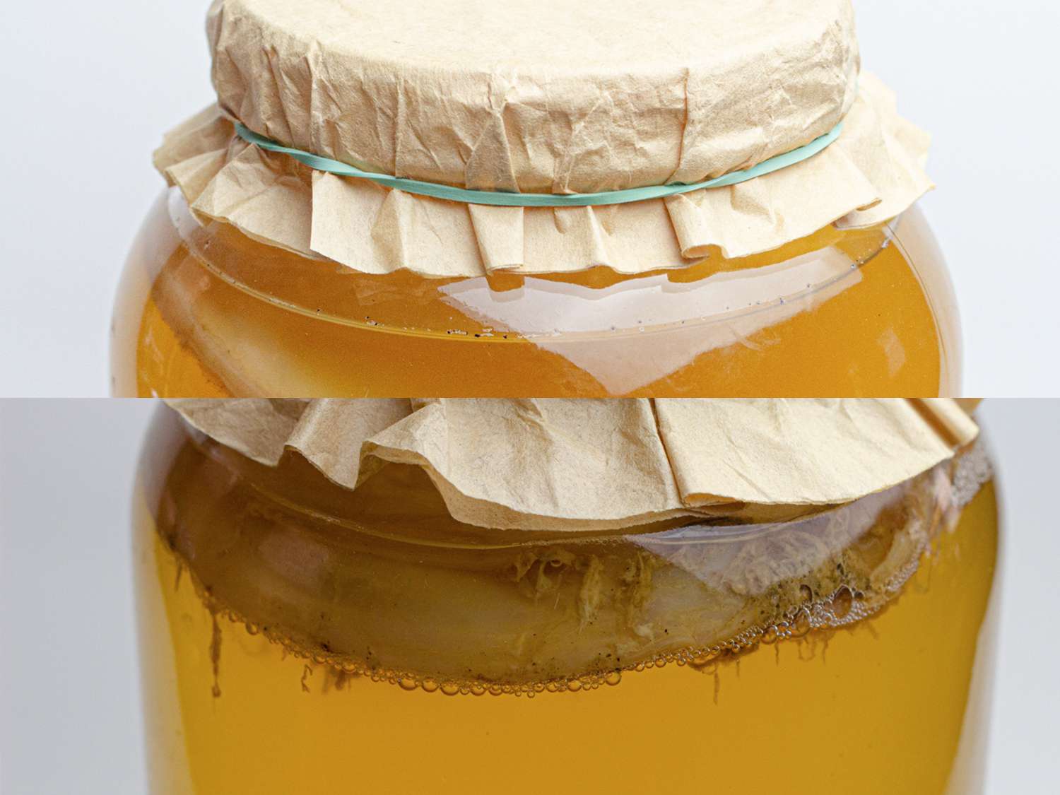 Two image collage of top of Kombucha at the start and after 8 days of fermentation