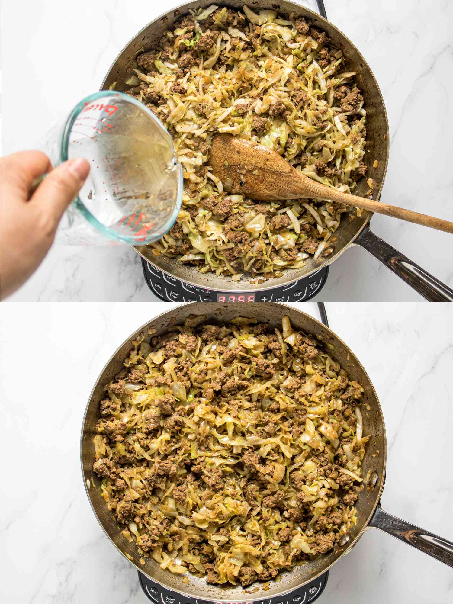 2 image collage. Top: Adding water to cabbage and meat in a pan. Bottom: filling after cooked in a pan on heat, on a white marble surface. 