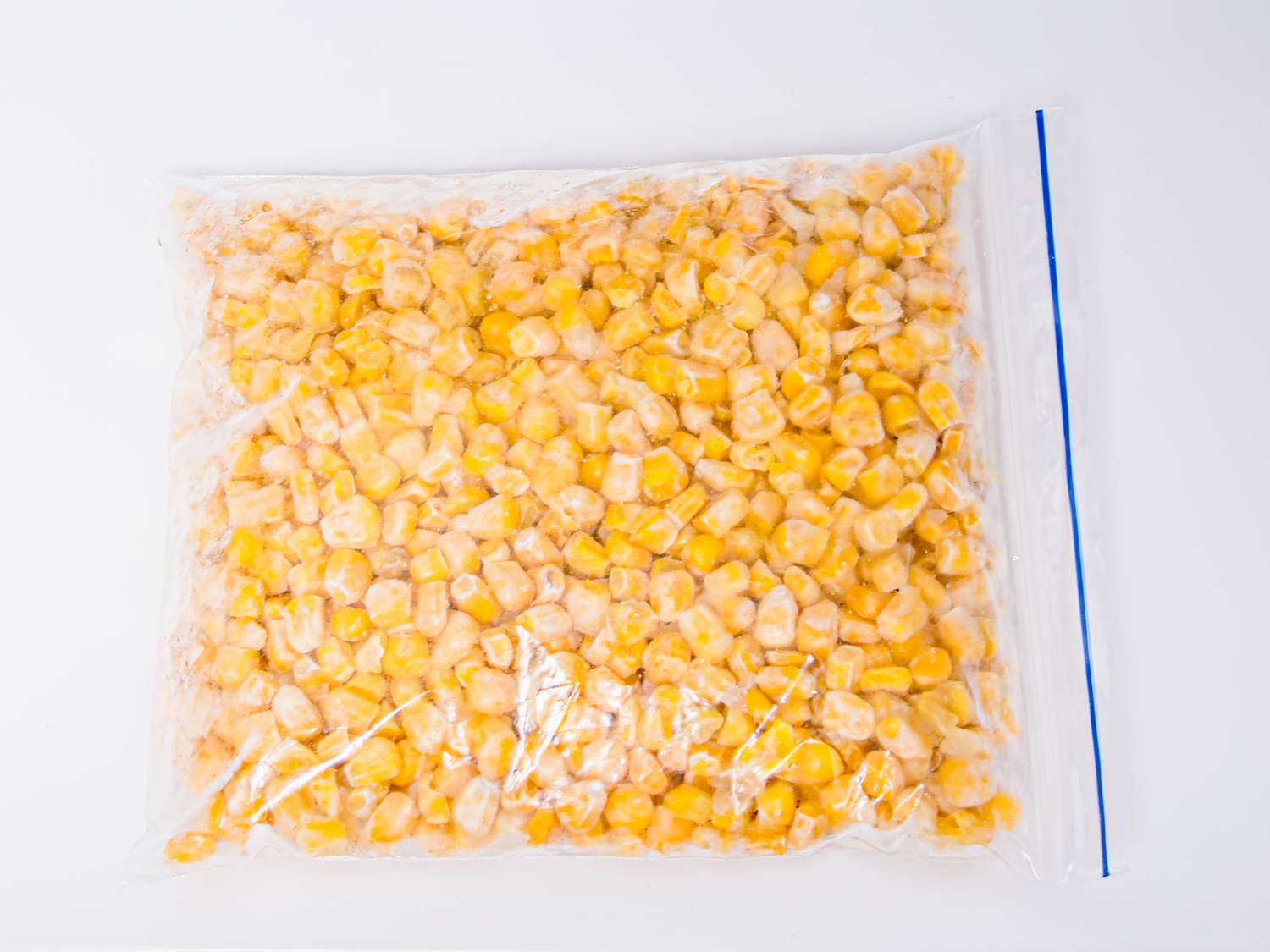 Overhead view of corn in a freezer bag 