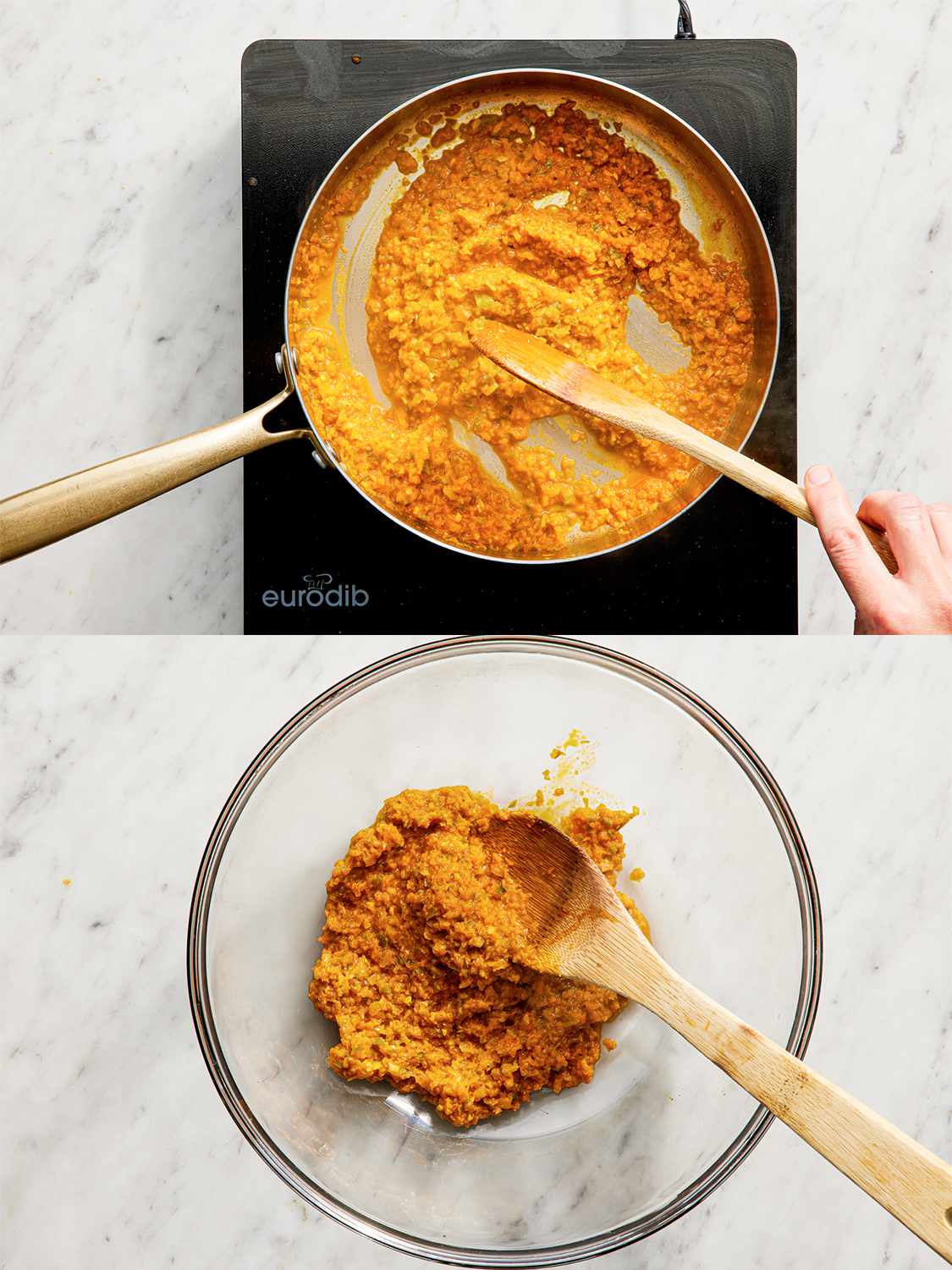 Two image collage of onion mixture and annatto being cooked then transferred to a glass bowl