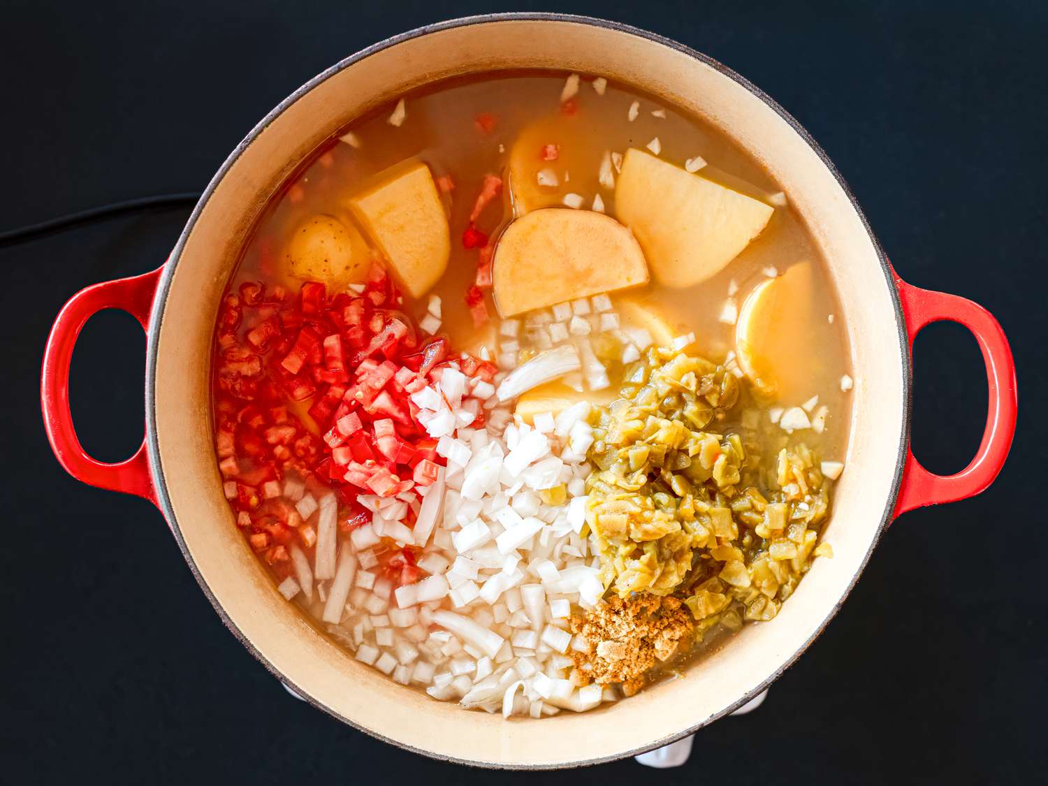 Overhead view of ingredients in a pot