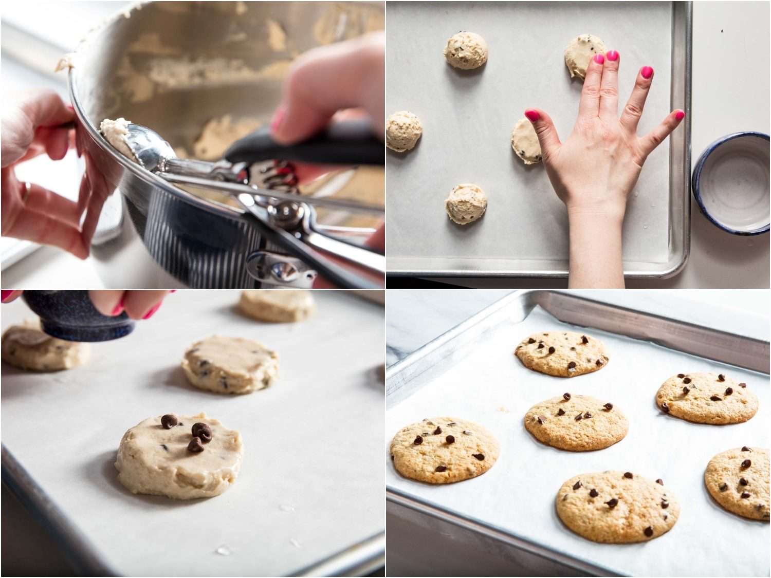 Collage of portioning cookie dough, arranging on a parchment-lined sheet pan, and letting the baked cookies cool.
