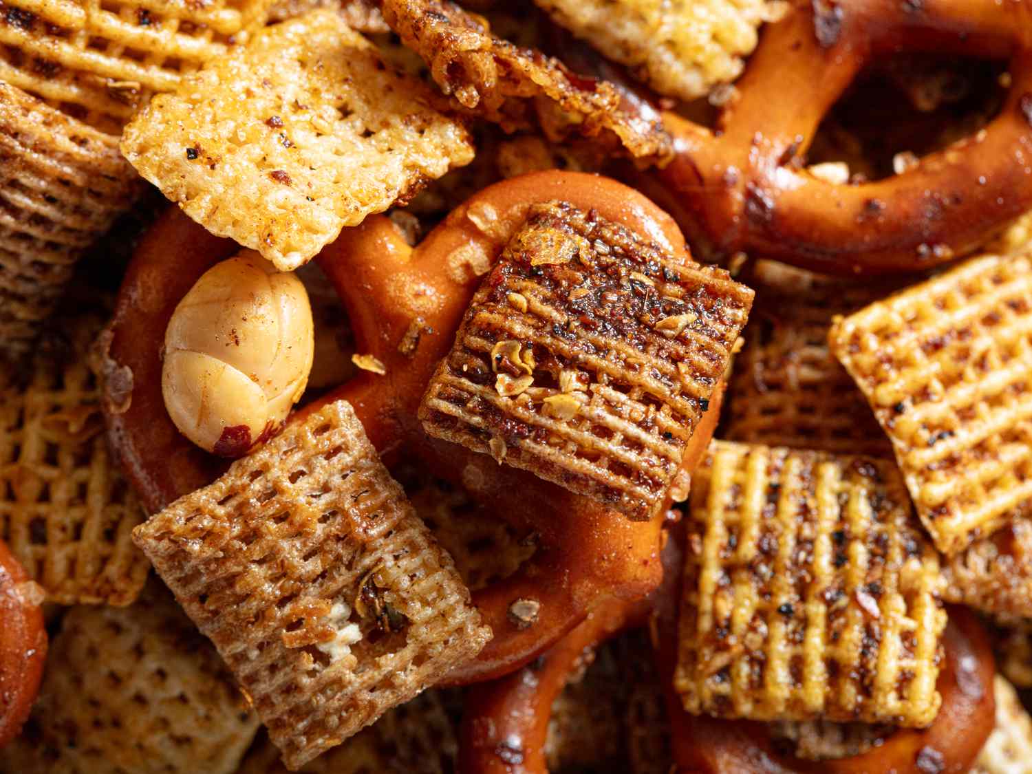 Overhead view of mala spiced chex mix