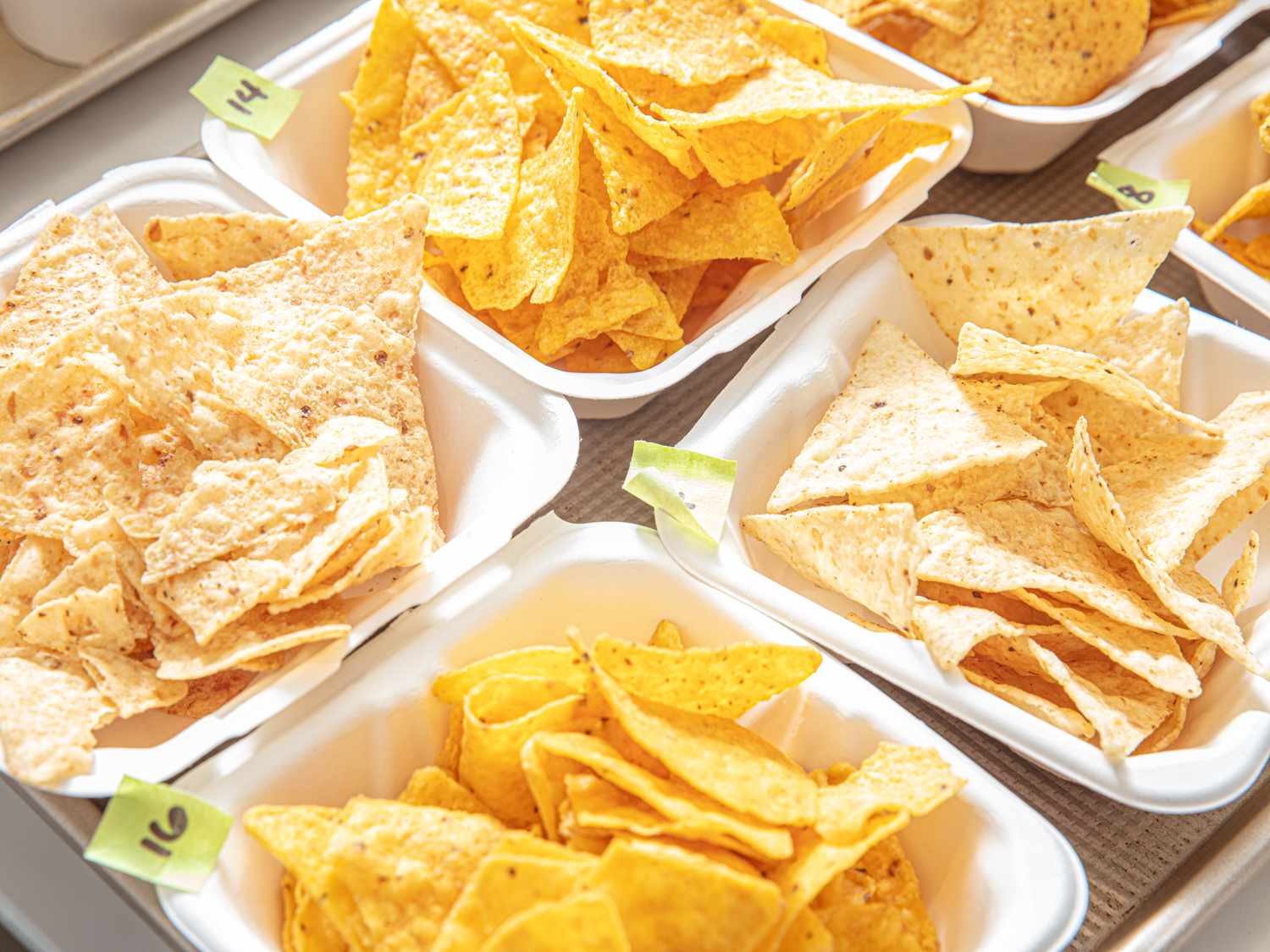 Six trays filled with various tortilla chip samples, each marked with different tags for identification